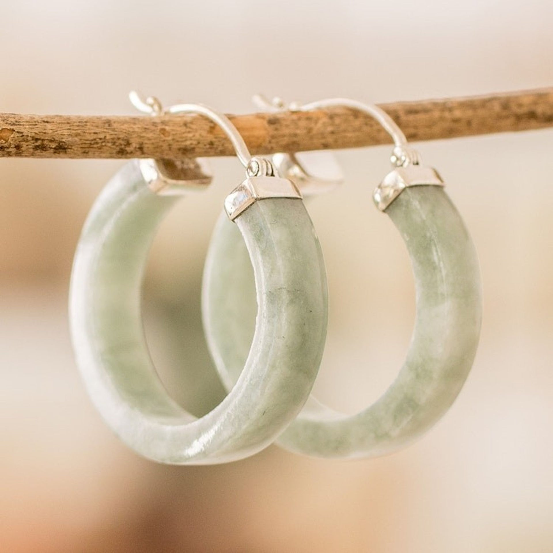 Modern Green Jade Hoop Earrings with Sterling Silver Clasps 'Lagoon Connection'