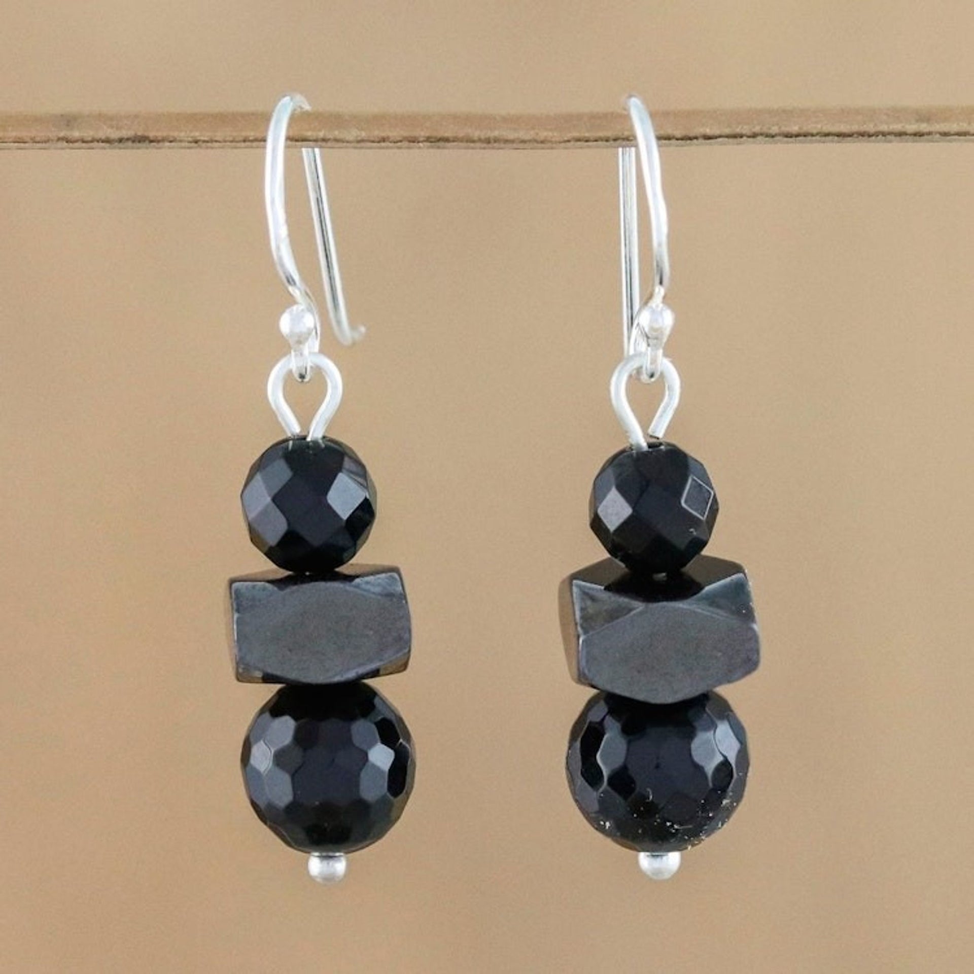 Onyx and Hematite Dangle Earrings from Thailand 'Style by Night'