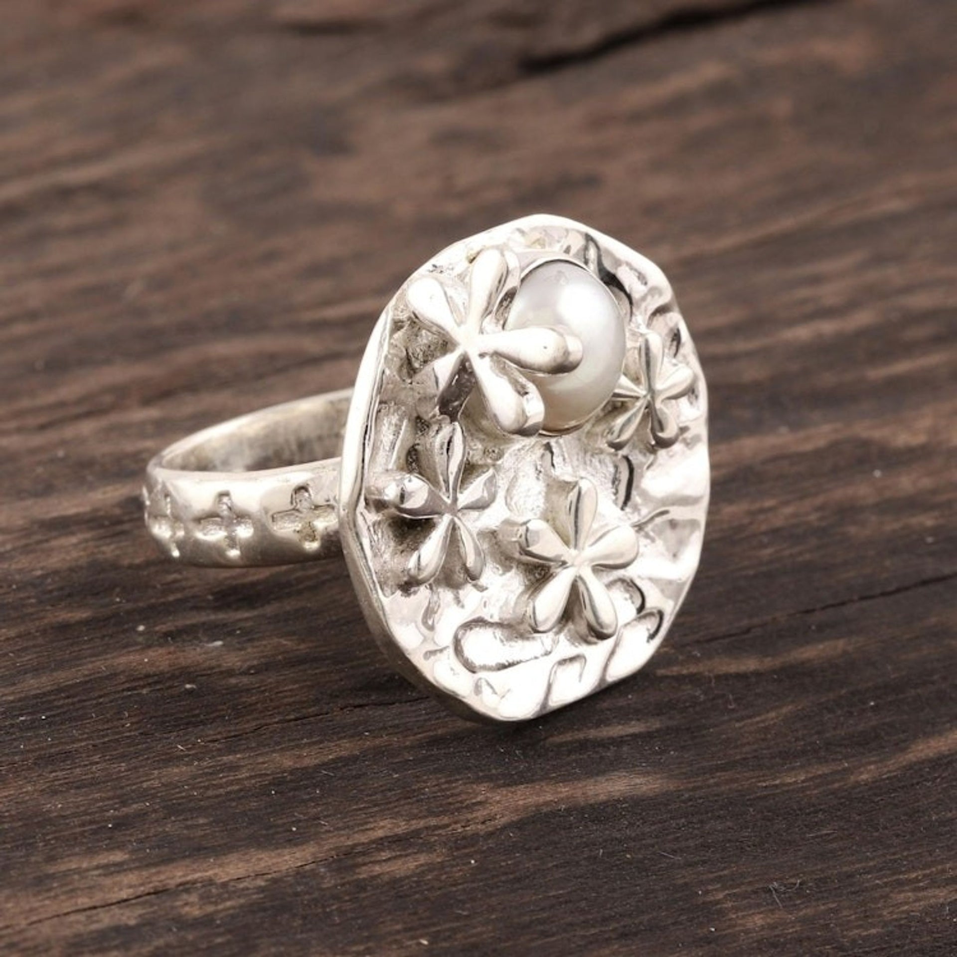 Unique Floral Sterling Silver and Pearl Cocktail Ring 'Moonlit Splendor'