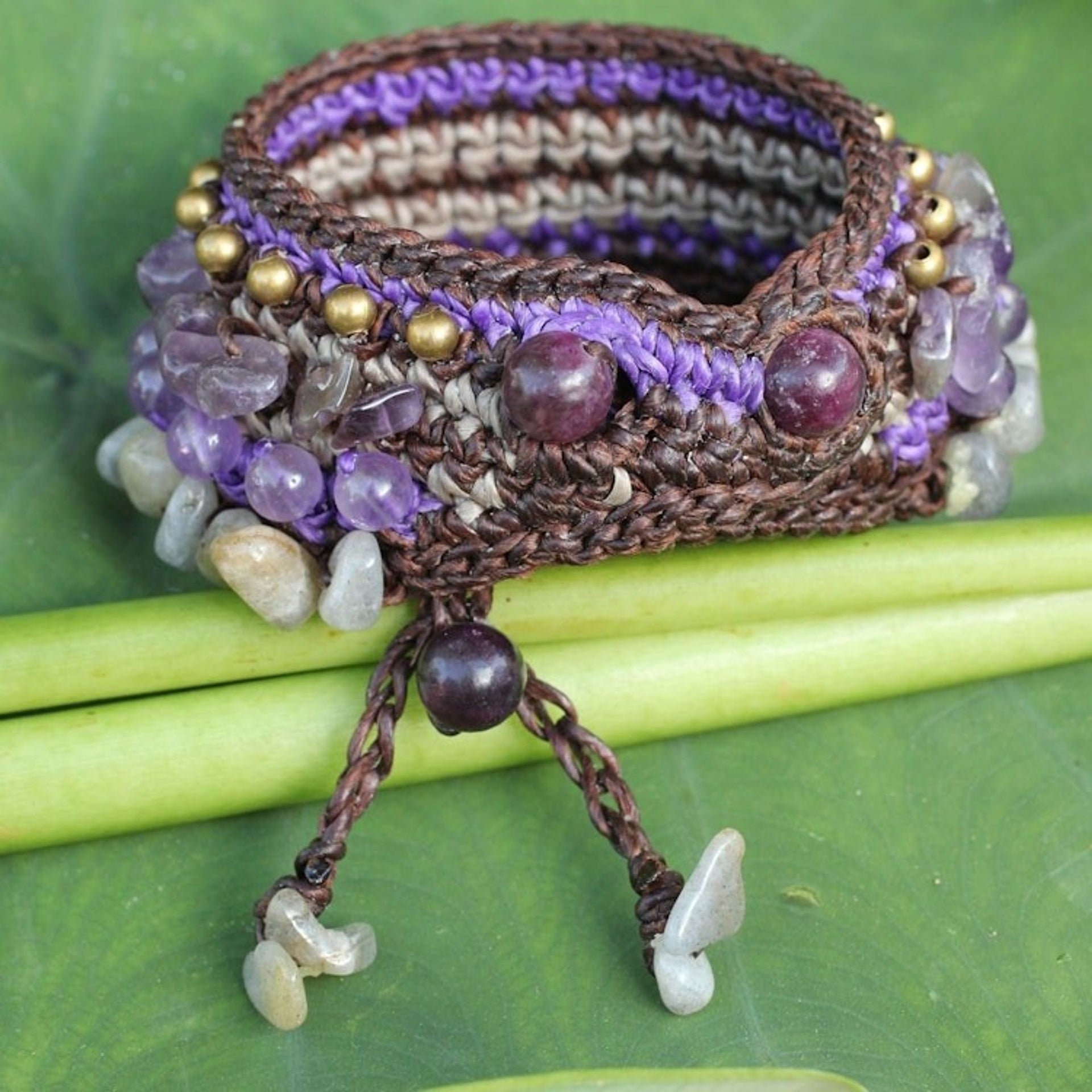 Thai Artisan Crafted Crocheted Amethyst Labradorite Bracelet 'Orchid Bower'