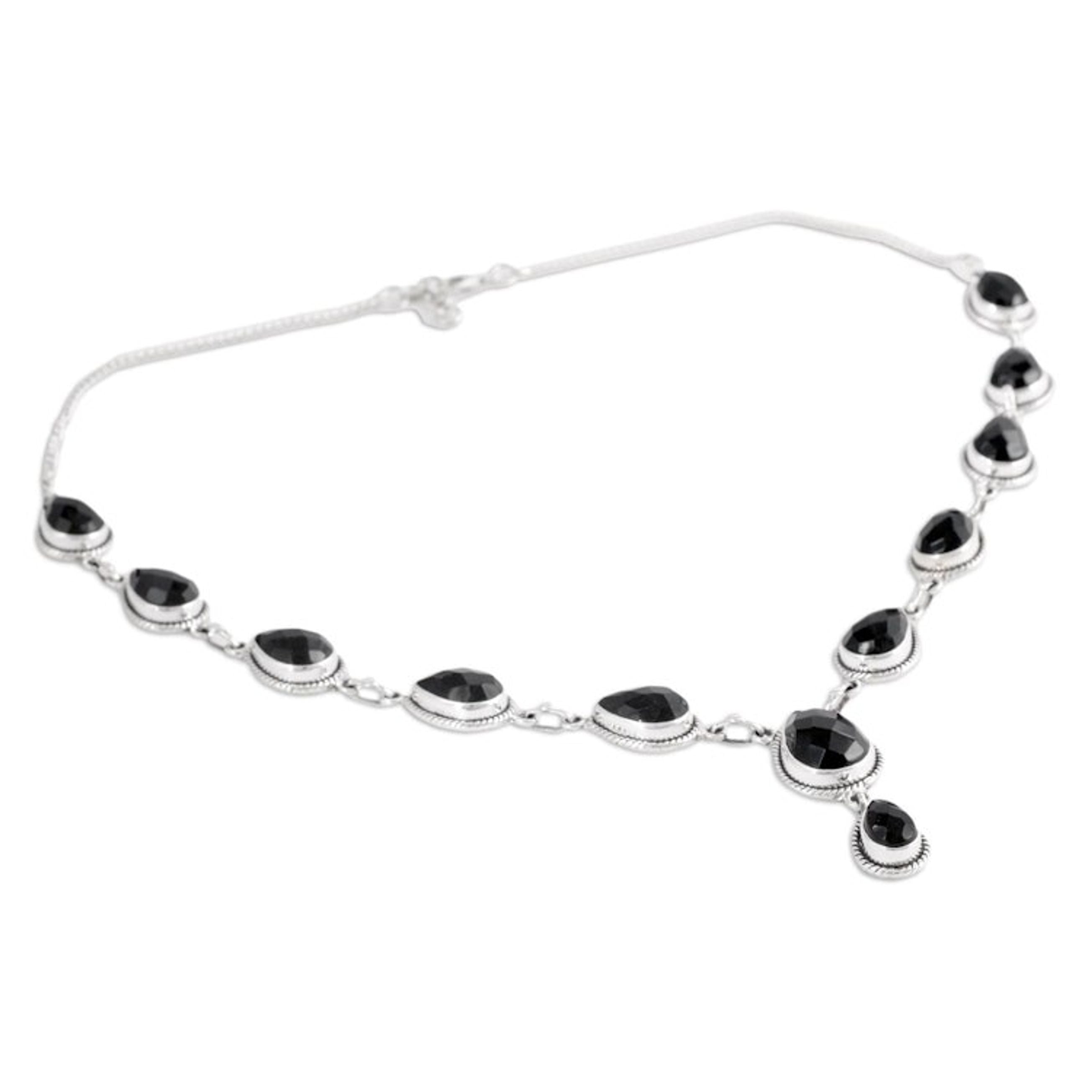 Indian Onyx and Sterling Silver Y Necklace 'Midnight Teardrop'