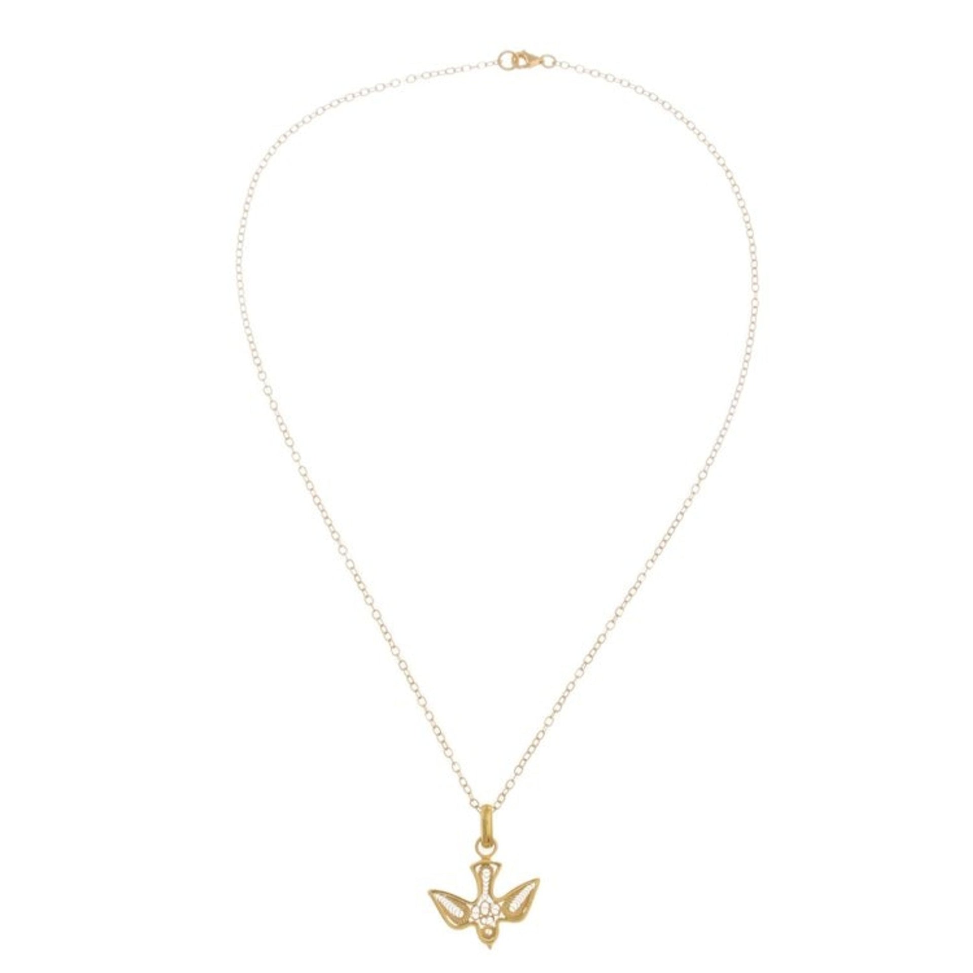 Gold Plated Sterling Silver Filigree Dove Pendant Necklace 'Gold Divine Dove'