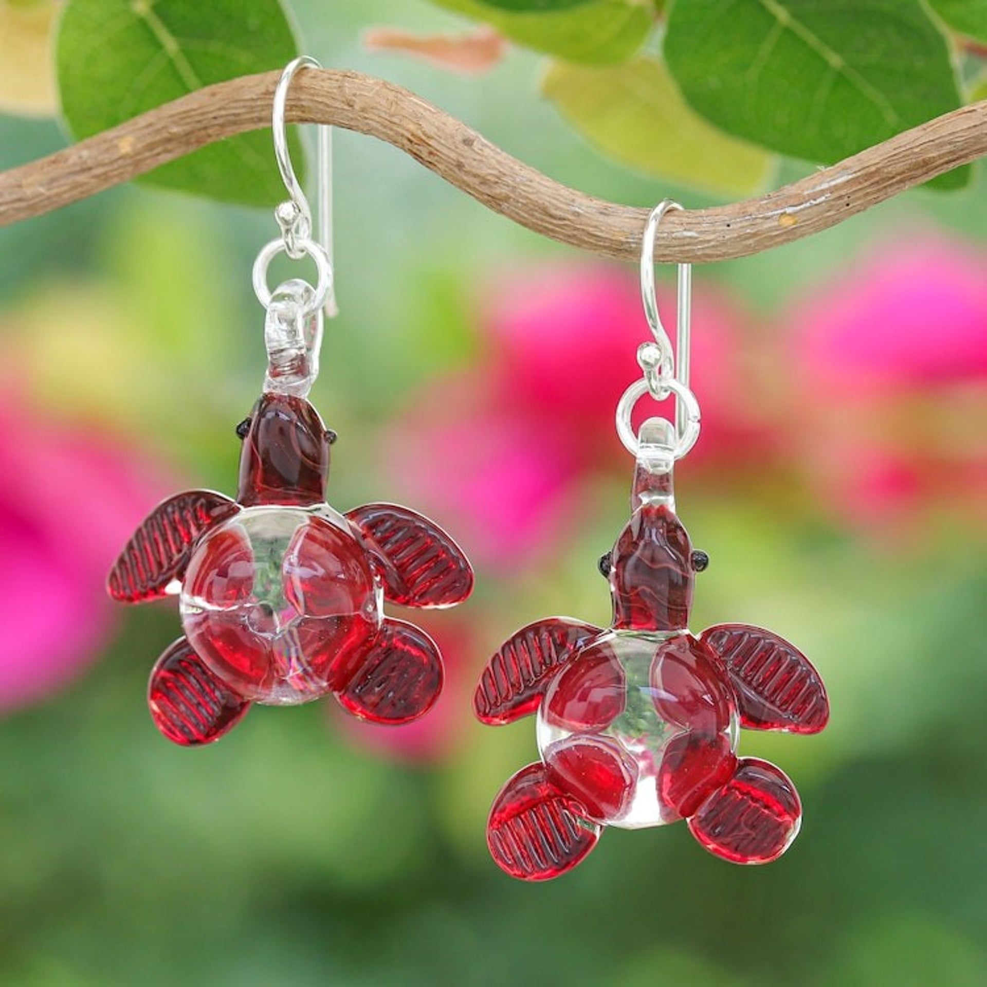 Handblown Red Glass Turtle Dangle Earrings from Thailand 'Turtle Passion'