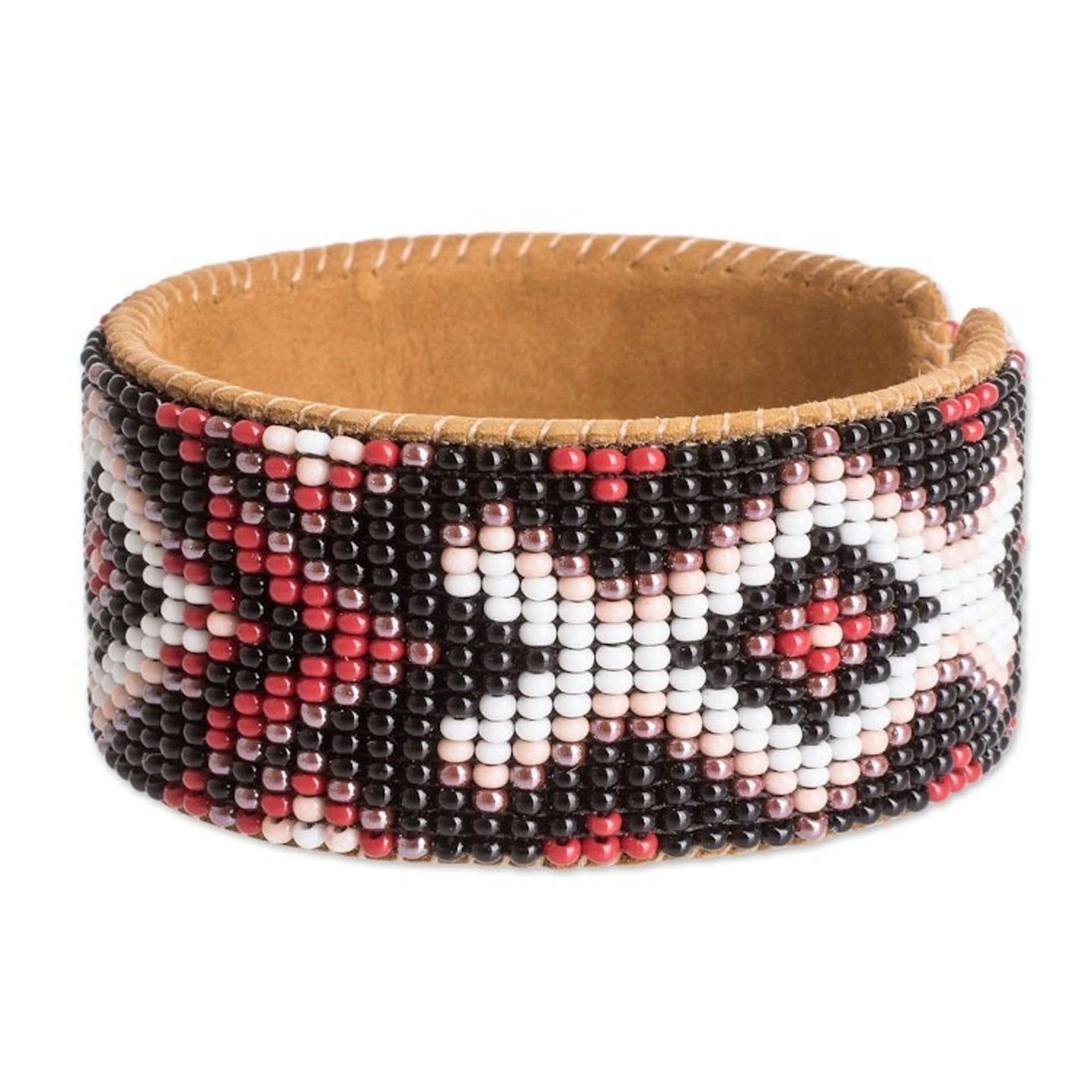 Traditional Red and Black Glass Beaded Cuff Bracelet 'Fire's Union'