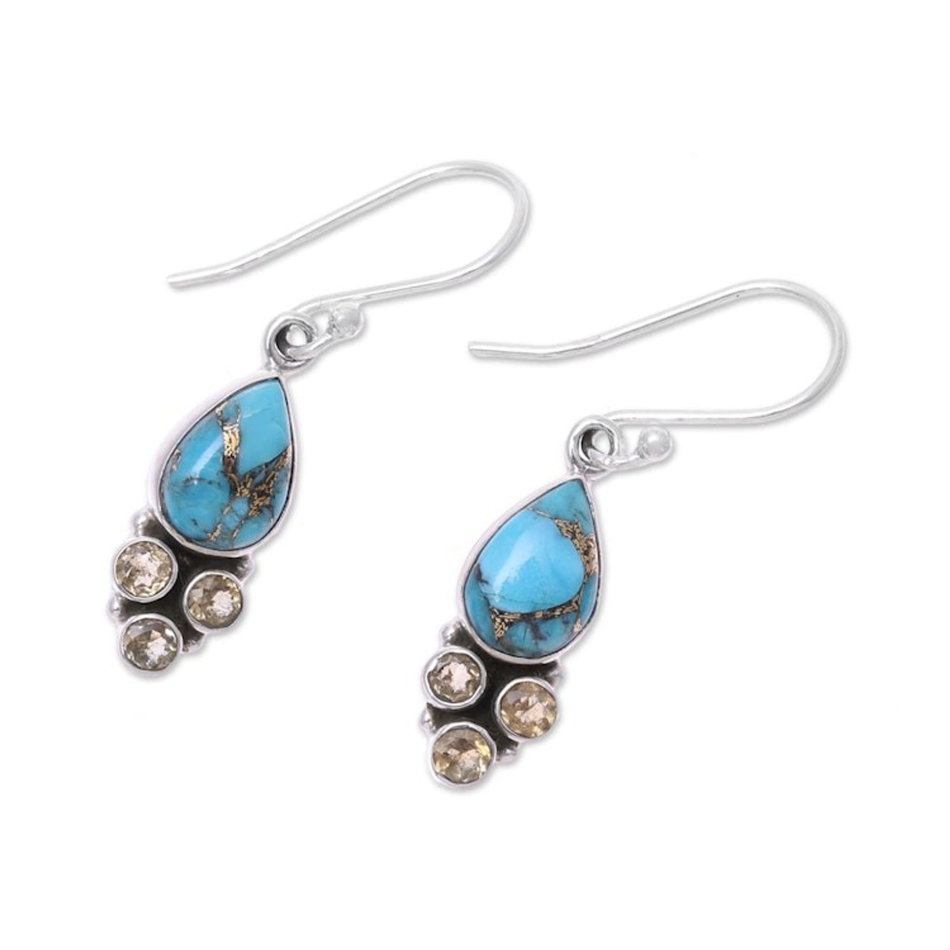 Citrine and Composite Turquoise Dangle Earrings from India 'Sunny Dew'