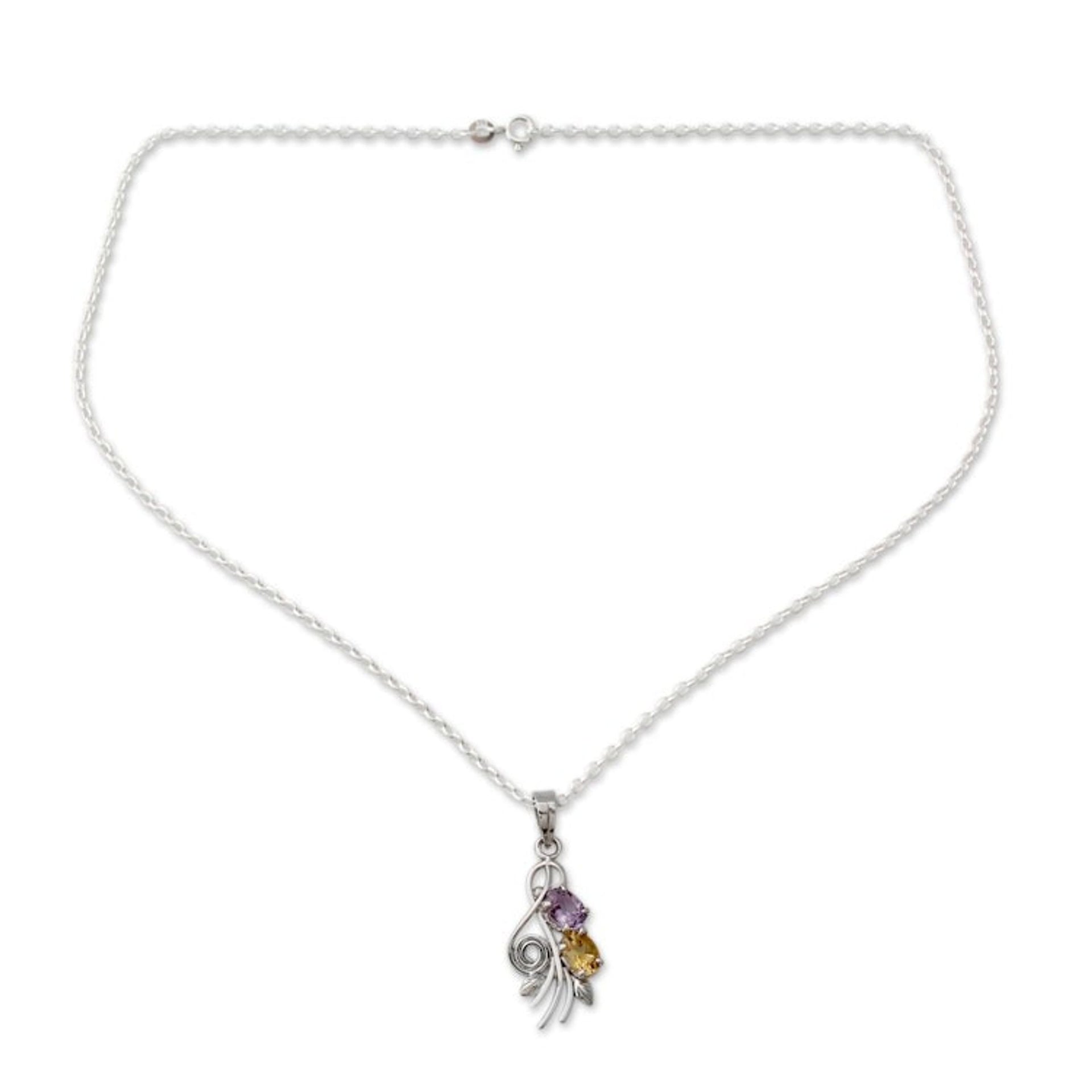 Artisan Crafted India Necklace with Amethyst and Citrine 'Tropical Bouquet'