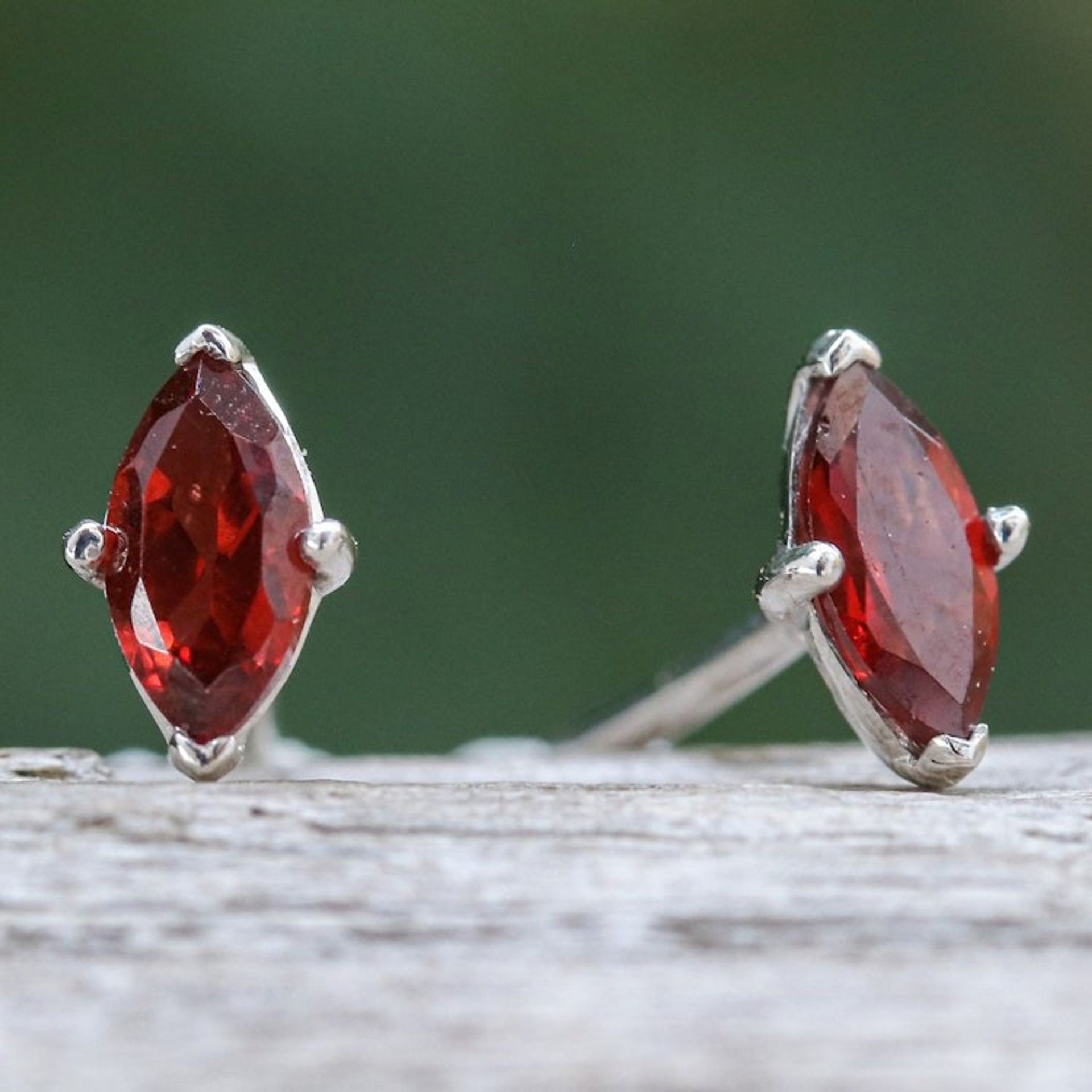 Polished Button Earrings with Marquise-Shaped Garnet Gems 'The Perseverant Marchioness'