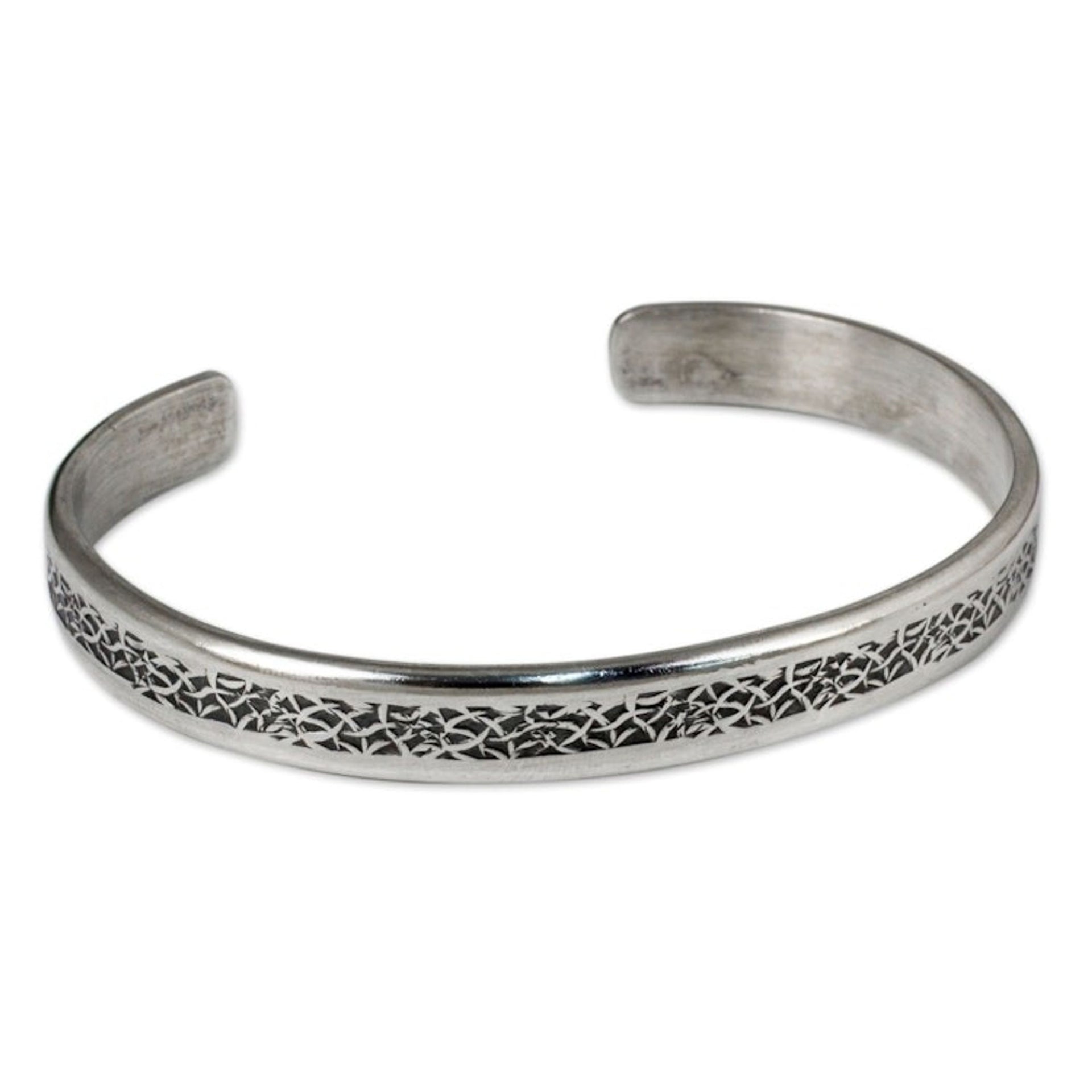 Thailand Sterling Silver Free Trade Cuff Bracelet 'Forest Footpaths'