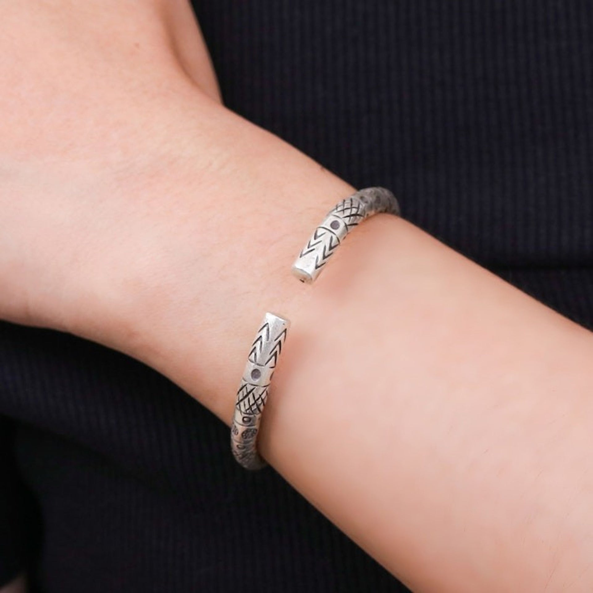 Hill Tribe-Themed Sterling Silver Cuff Bracelet 'Ancestral Halo'