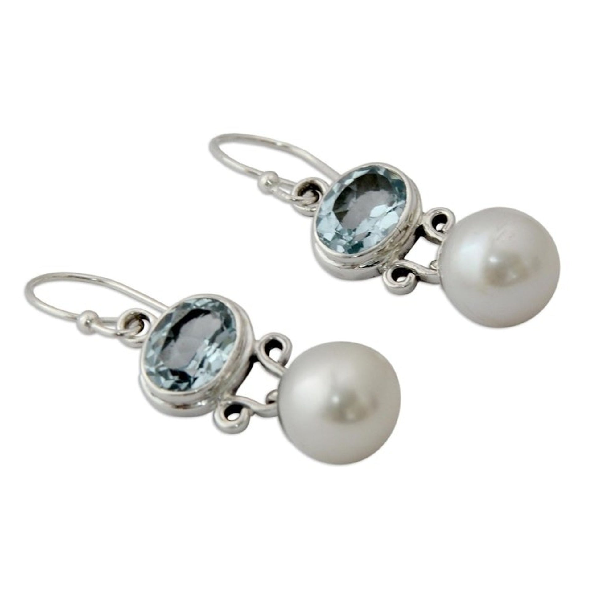 Pearl and Blue Topaz Dangle Earrings 'Dazzling Delhi'