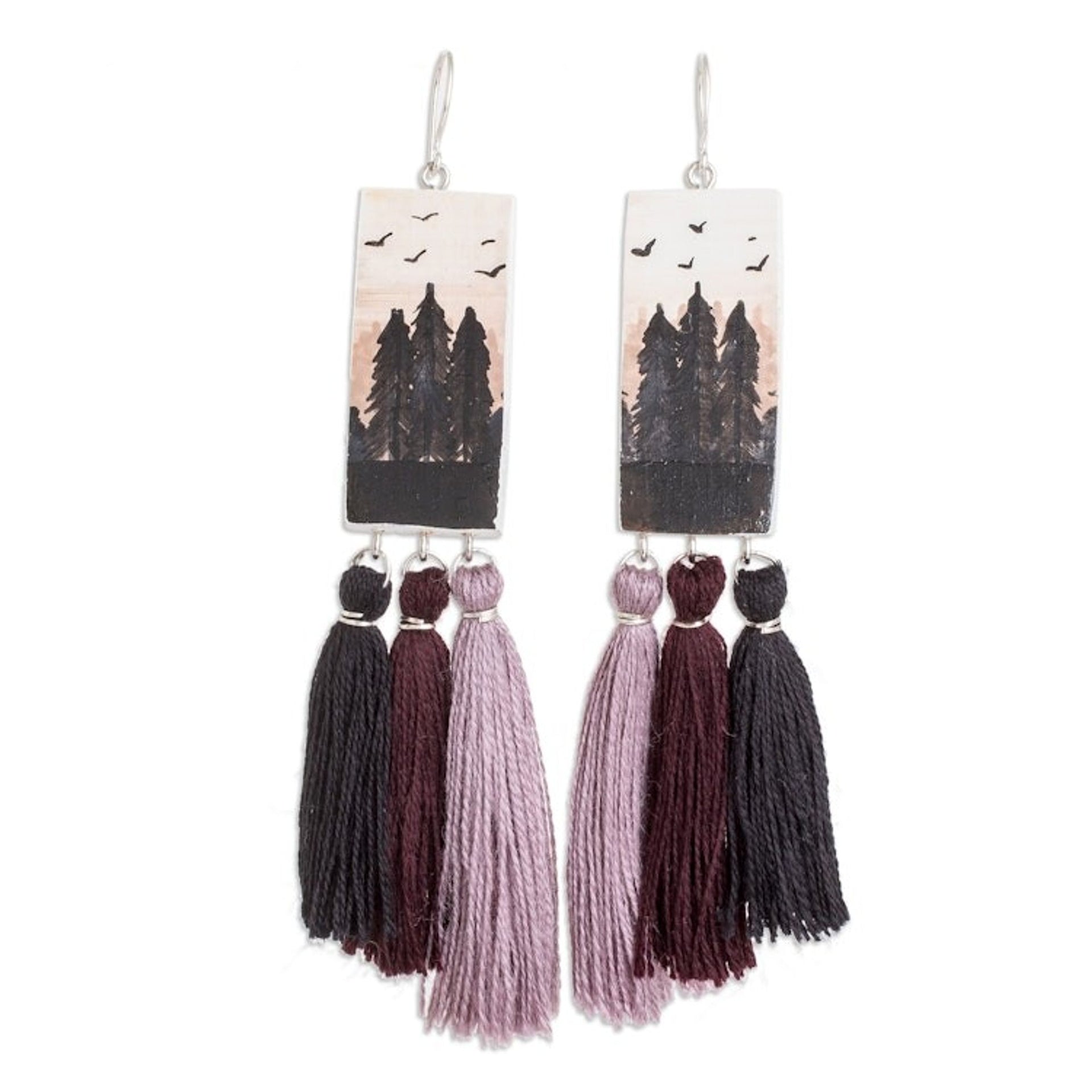 Hand-Painted Cedarwood Dangle Earrings with Tassels 'Beloved Forests'