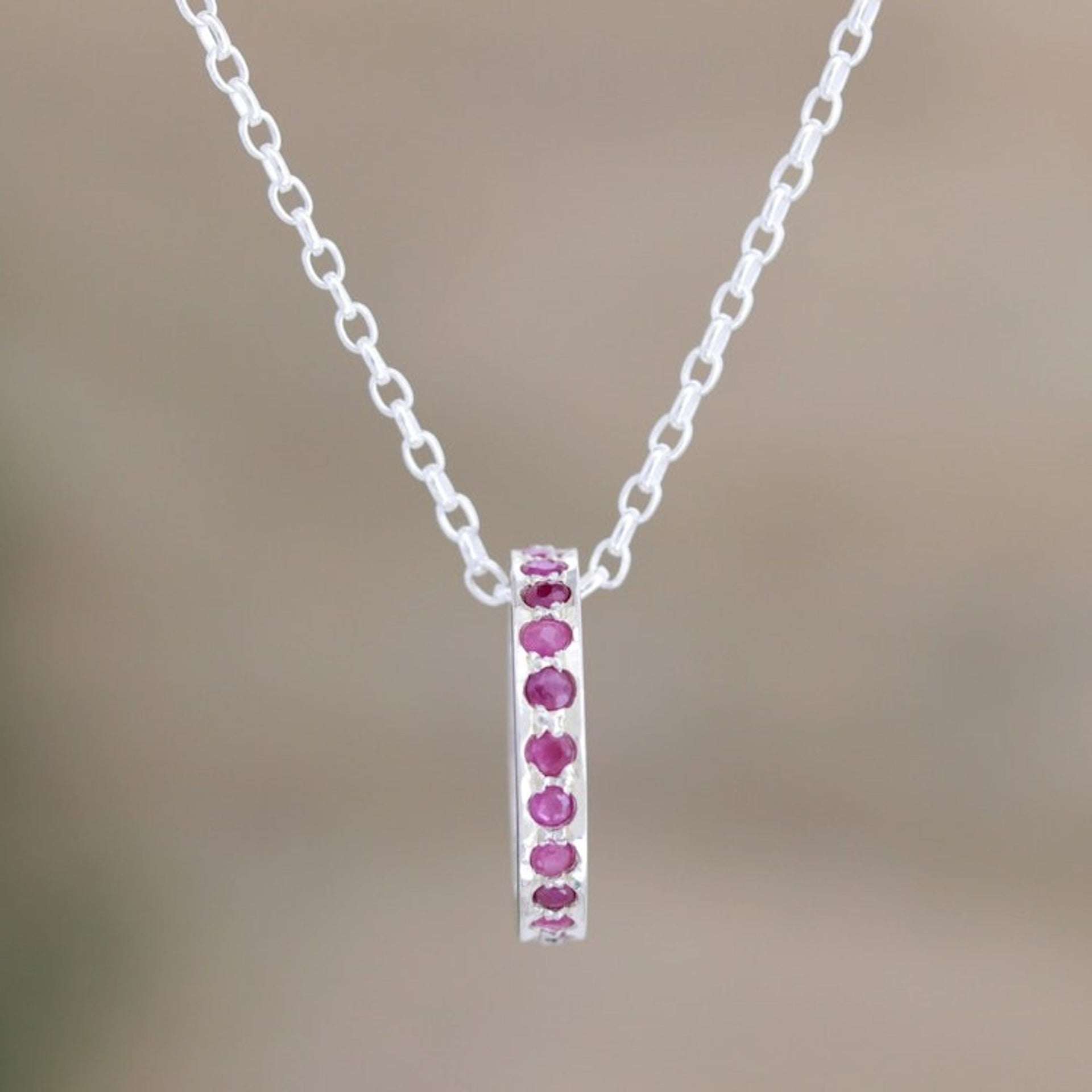 Artisan Crafted Ruby Rhodium Plated Silver Necklace 'Circle of Love'