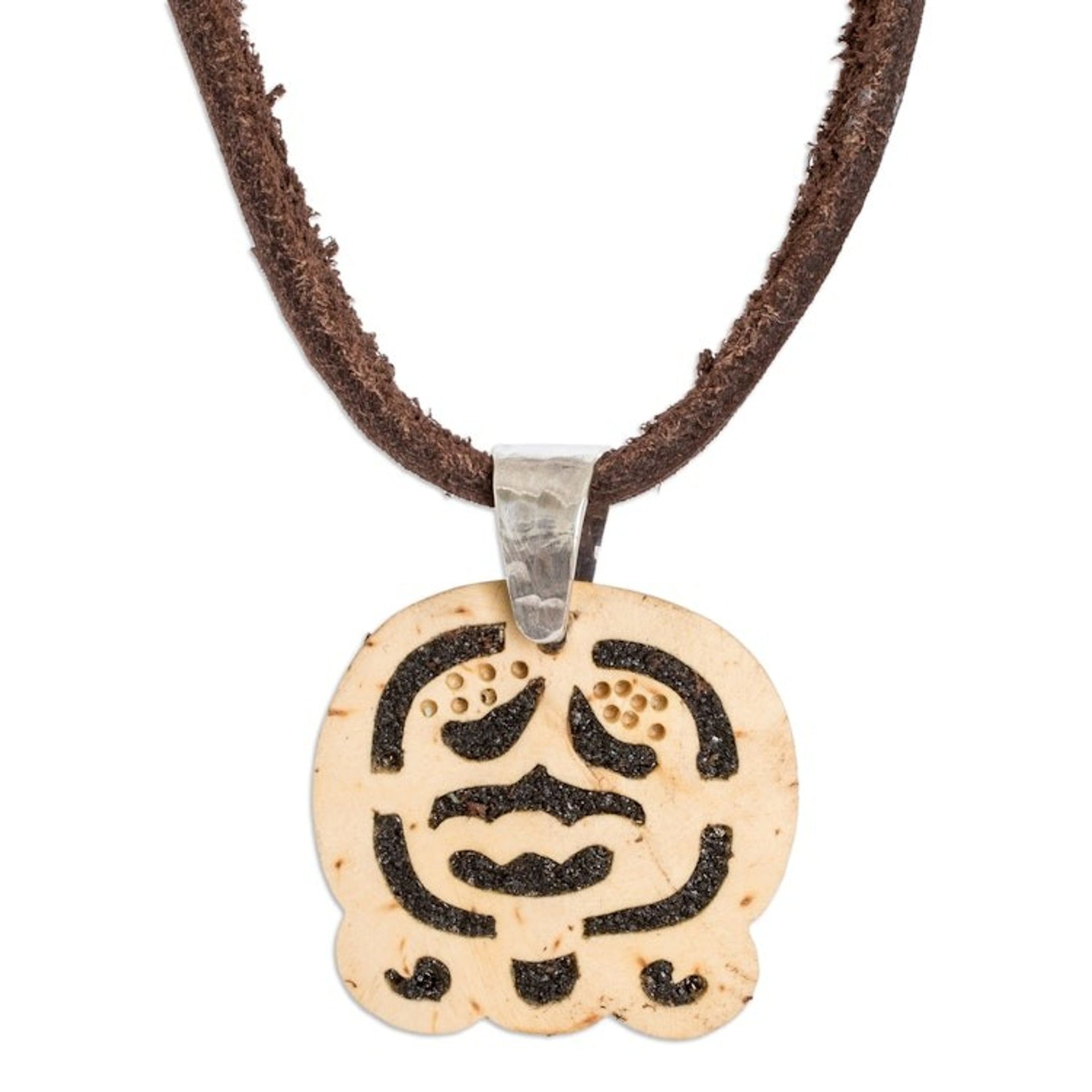 Coconut Shell and Lava Stone Ak'ab'al Sign Pendant Necklace 'Harmony and Peace'