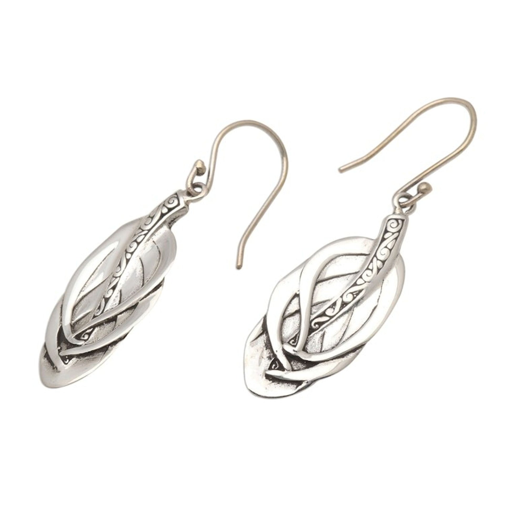 Feather-Shaped Sterling Silver Dangle Earrings from Bali 'Tufted Feathers'