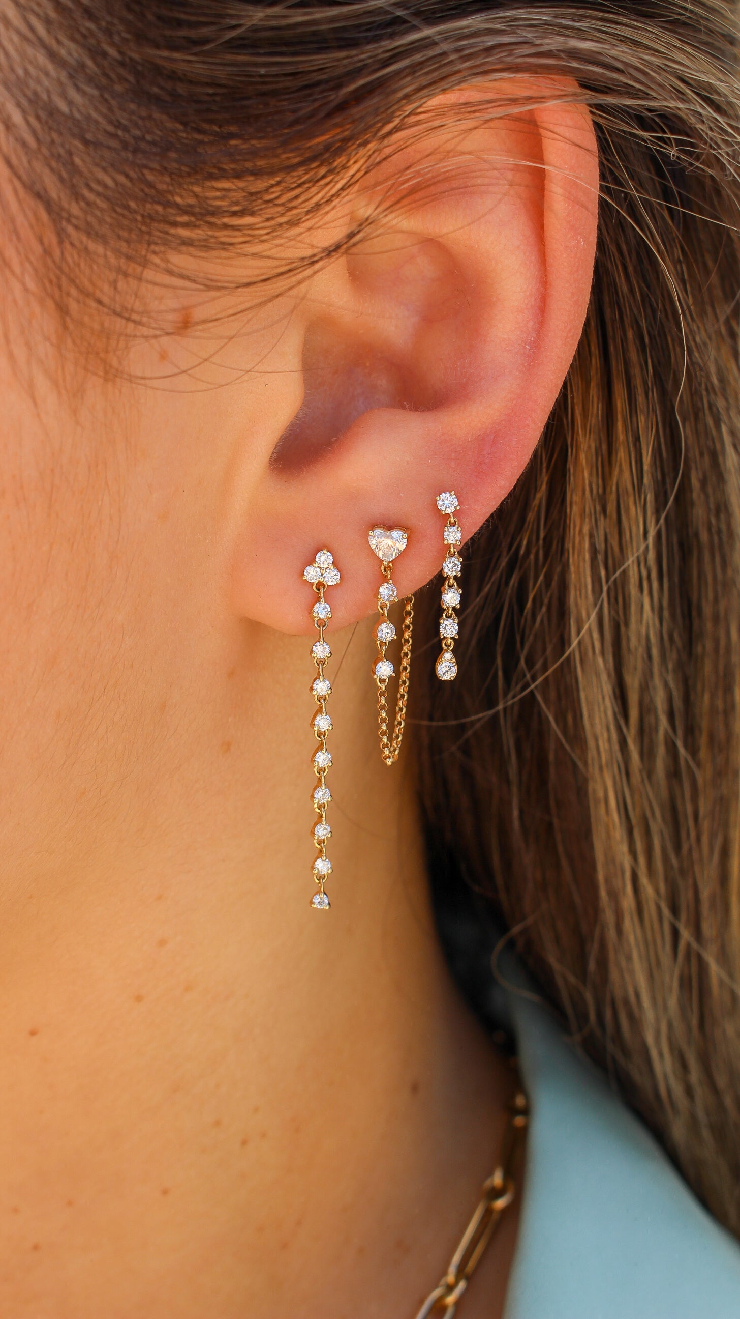 Gold Diamond Trio Prong Drop Earrings