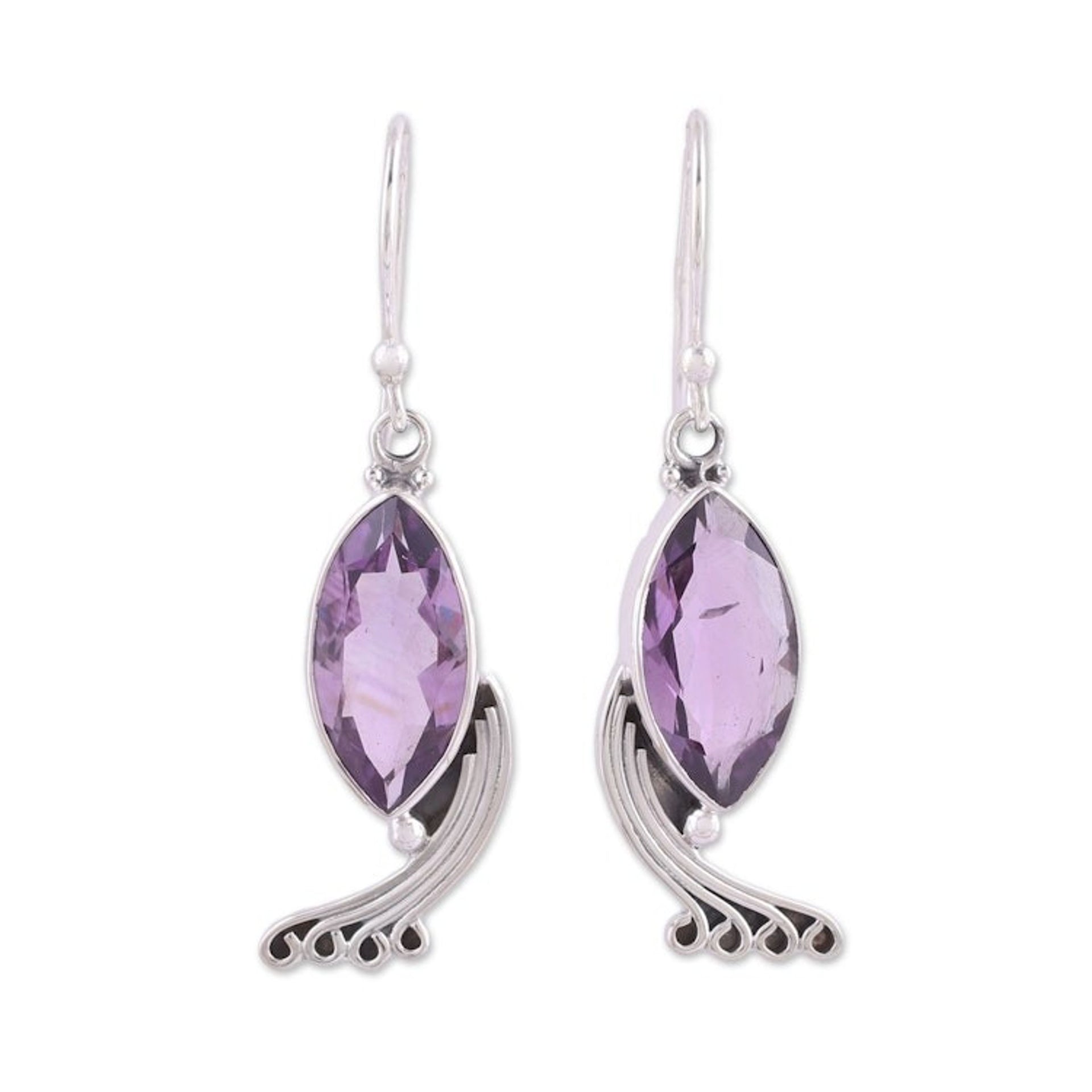 Indian Amethyst and Sterling Silver Peacock Dangle Earrings 'Peacock Grandeur'