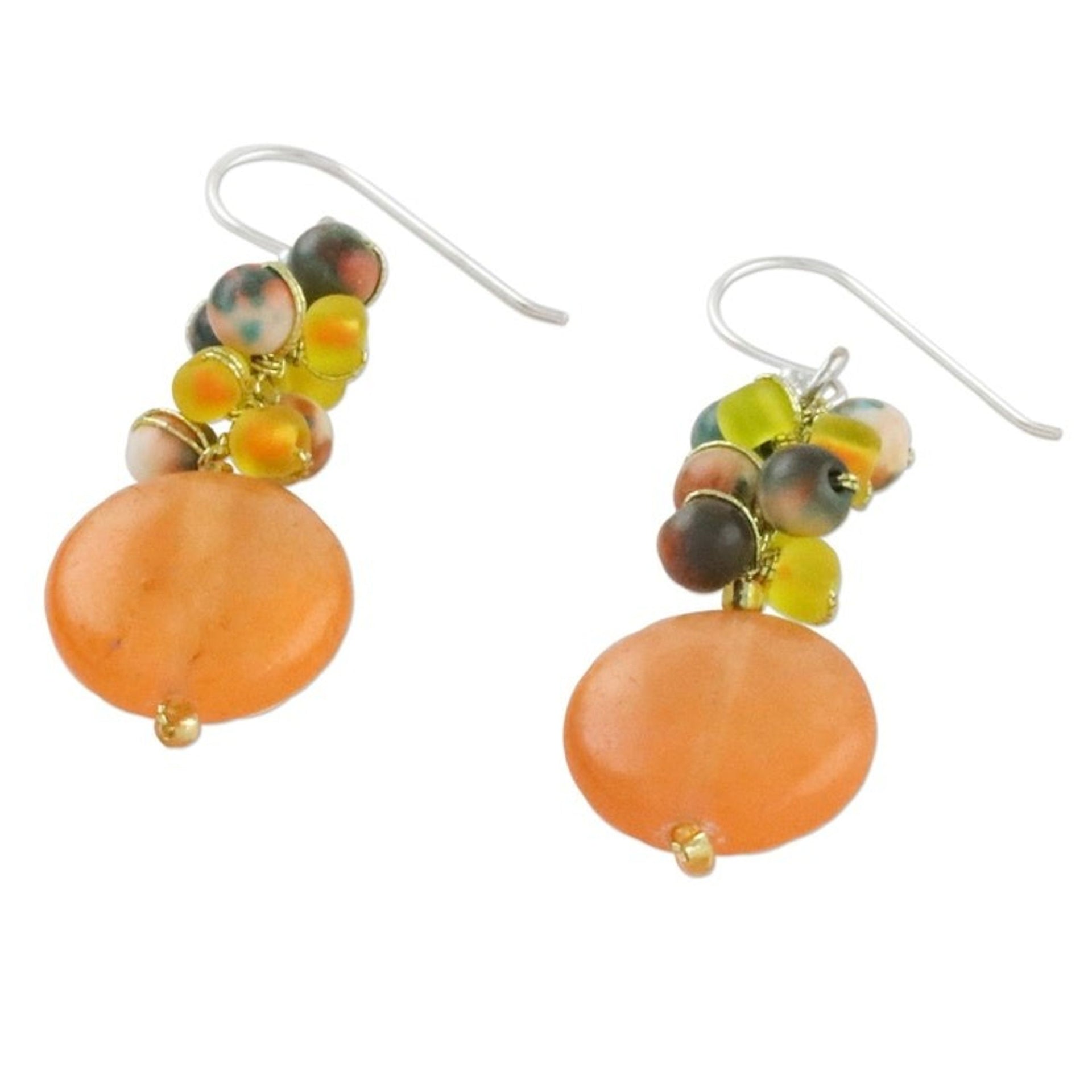 Orange Quartz and Glass Bead Dangle Earrings from Thailand 'Fun Circles in Orange'