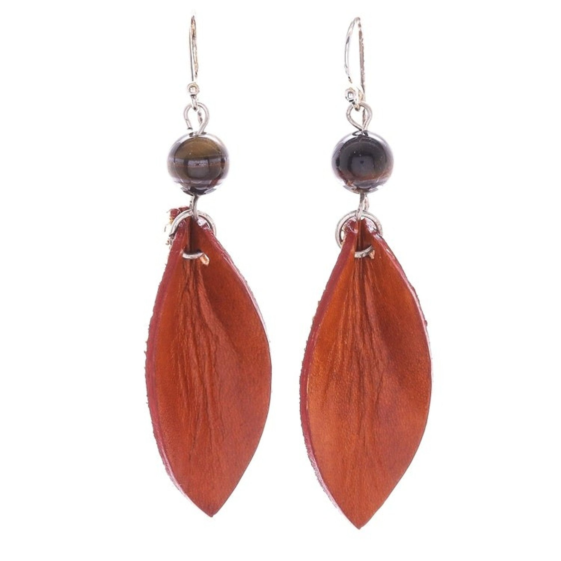 Leather Petal Earrings with Tiger's Eye Beads 'Supple Petals in Rust'