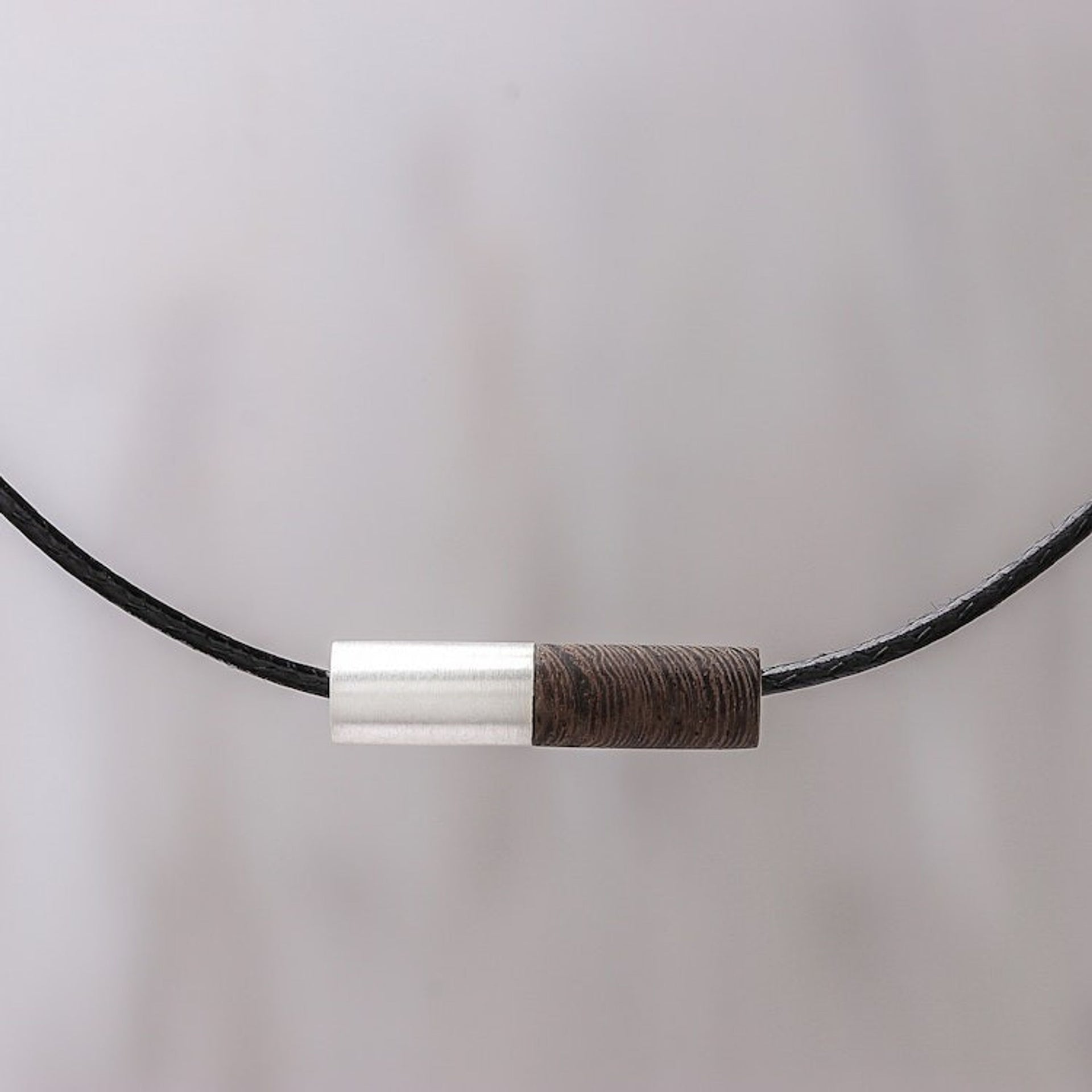 Men's Sterling Silver and Wood Pendant Necklace 'Cylindrical Balance'