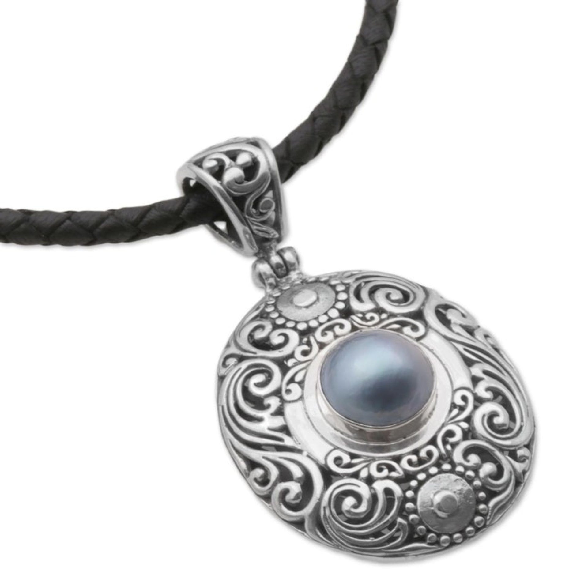 Cultured Mabe Pearl and Sterling Silver Necklace from Bali 'Dark Sanur Shield'