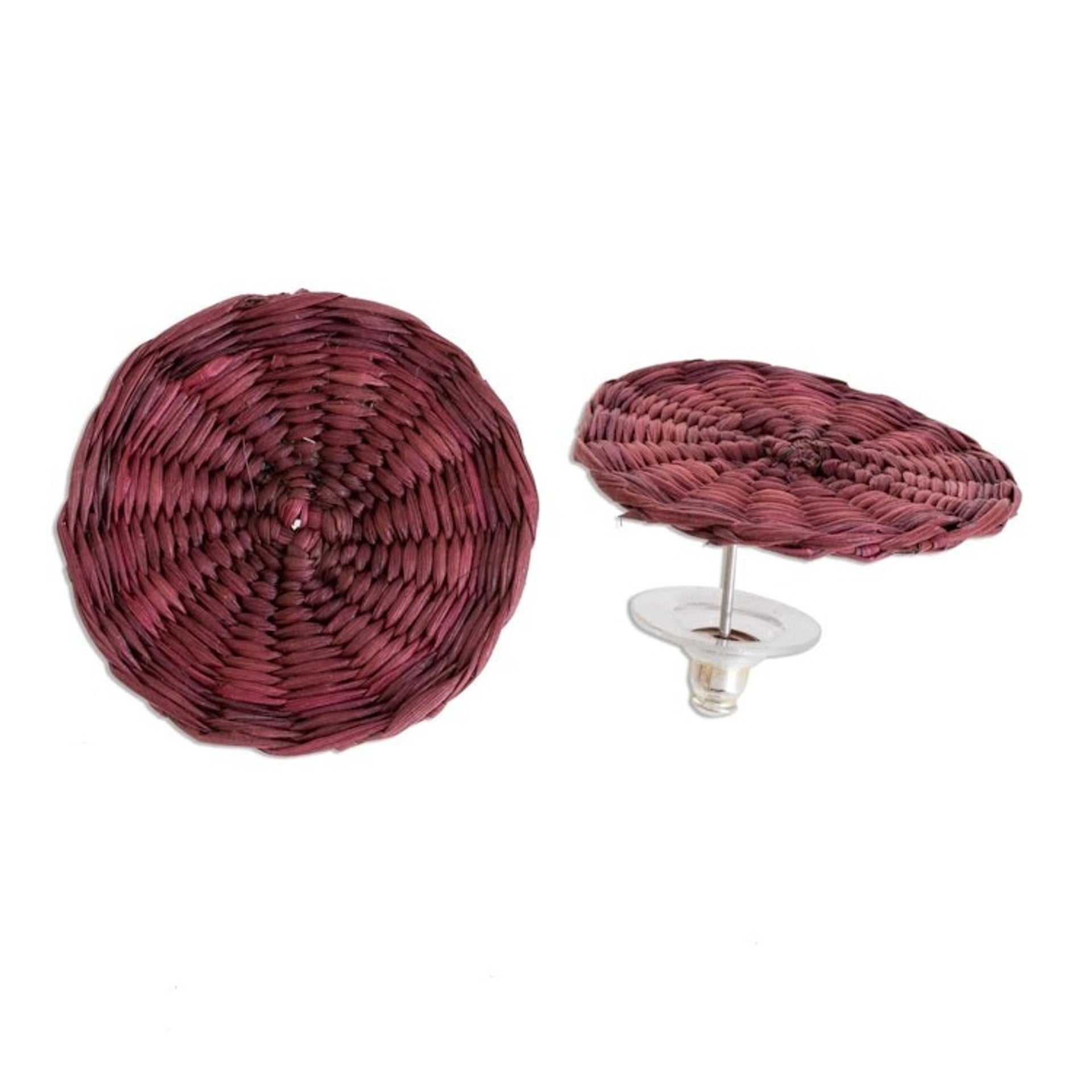 Fuchsia Handwoven Junco Reed Circular Button Earrings 'Circular Sensation in Fuchsia'