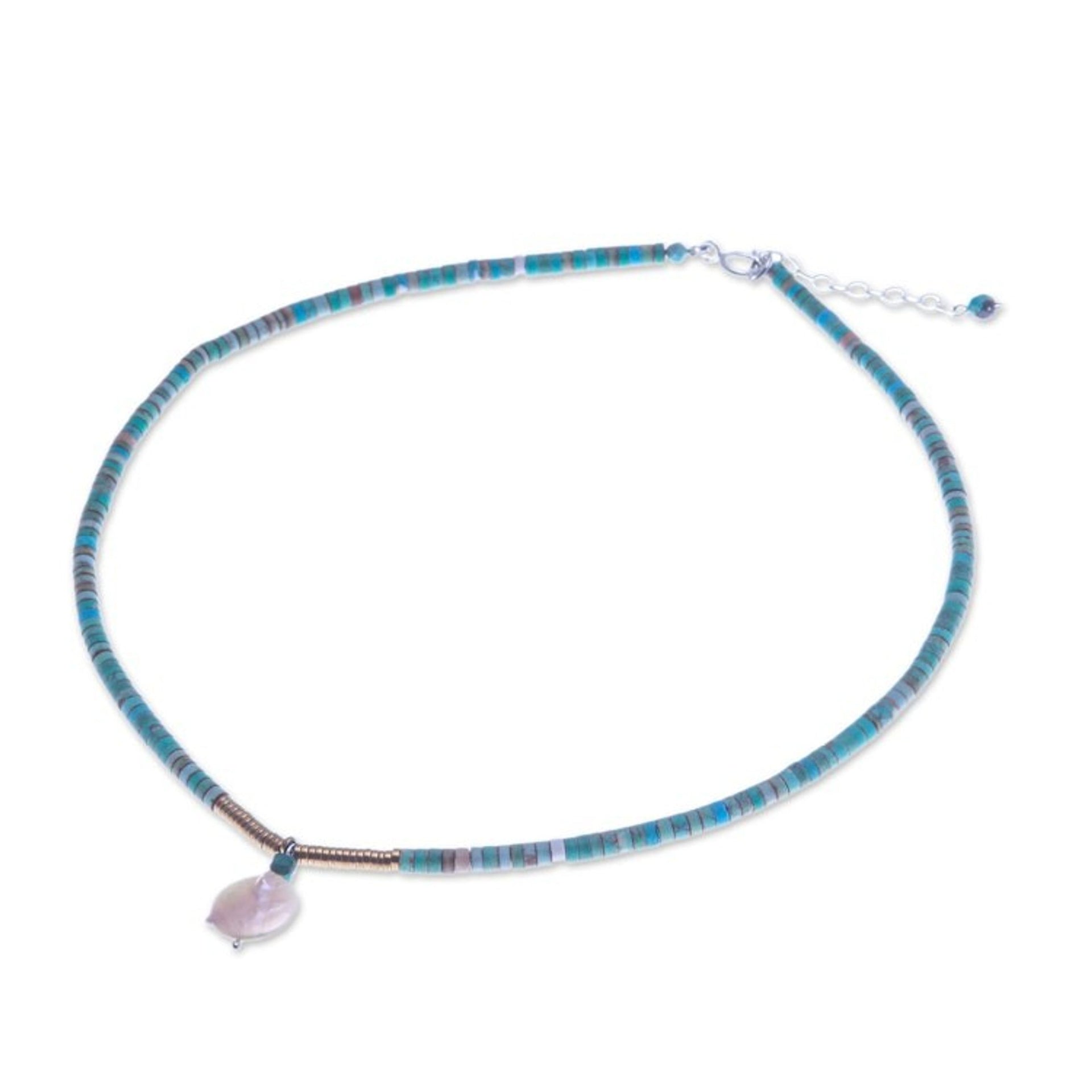 Recon Turquoise and Hematite Necklace with Pearl Pendant 'Lagoon Moon'
