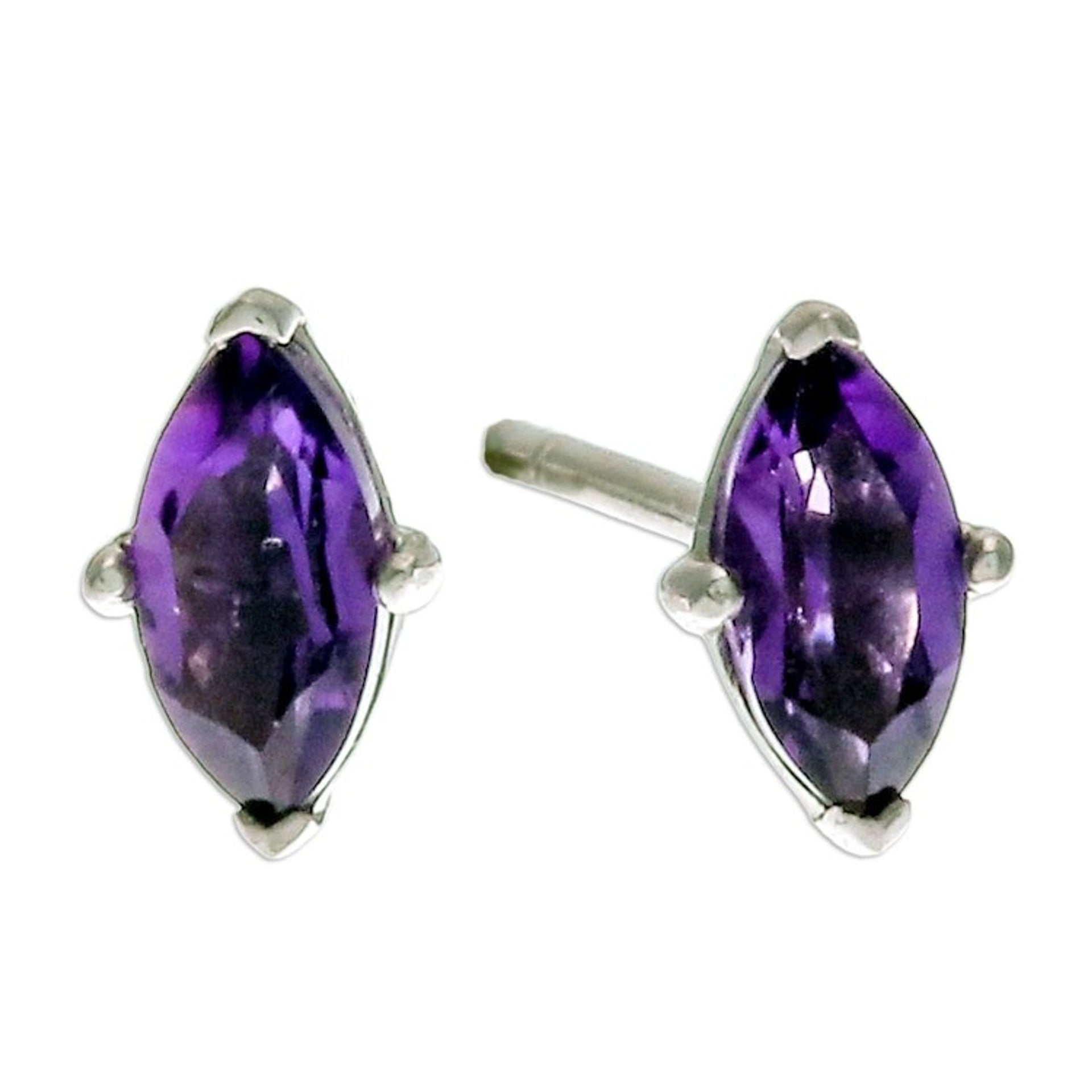 Polished Button Earrings with Marquise-Shaped Amethyst Gems 'The Wise Marchioness'