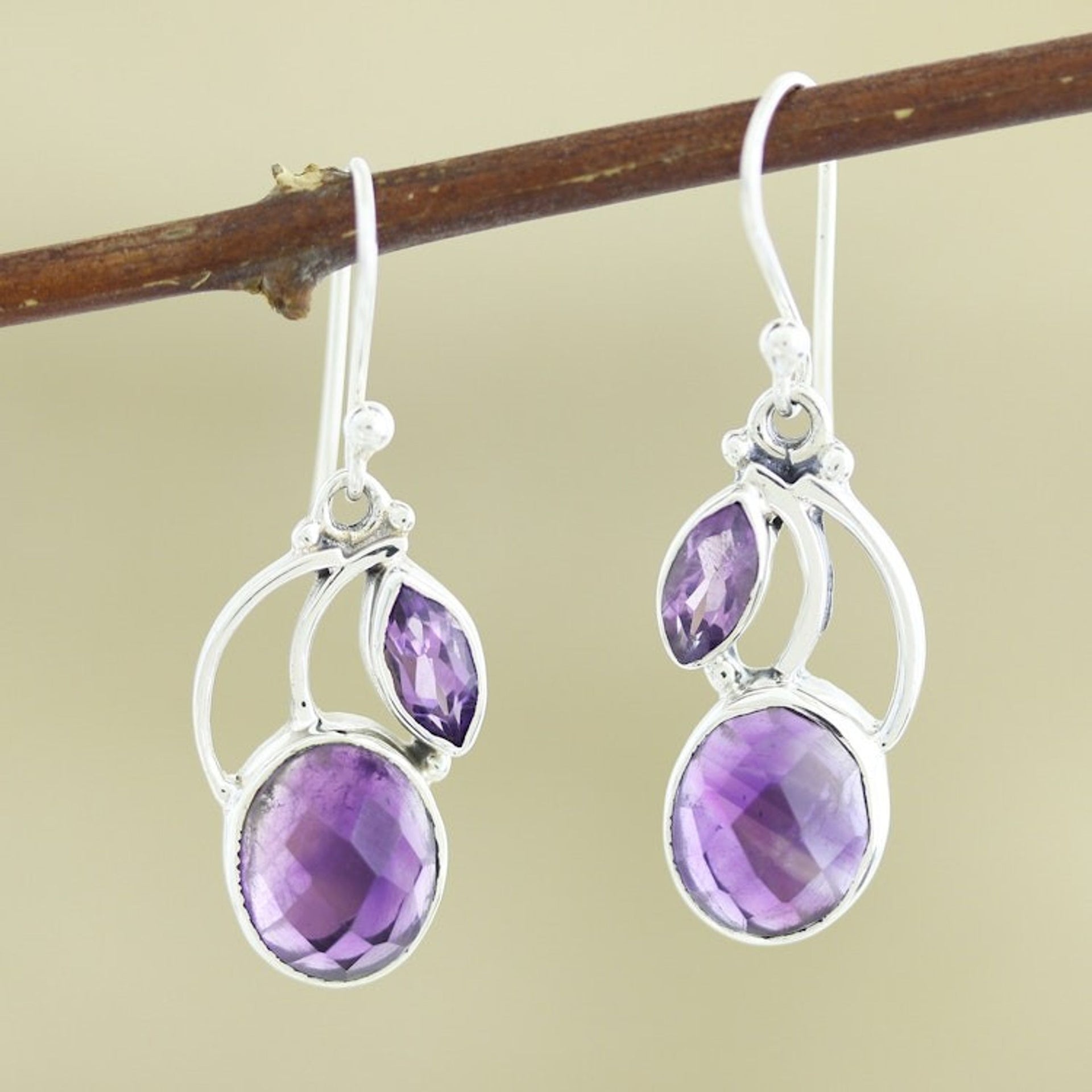 Sterling Silver Purple Amethyst Dangle Earrings India 'Purple Fog'