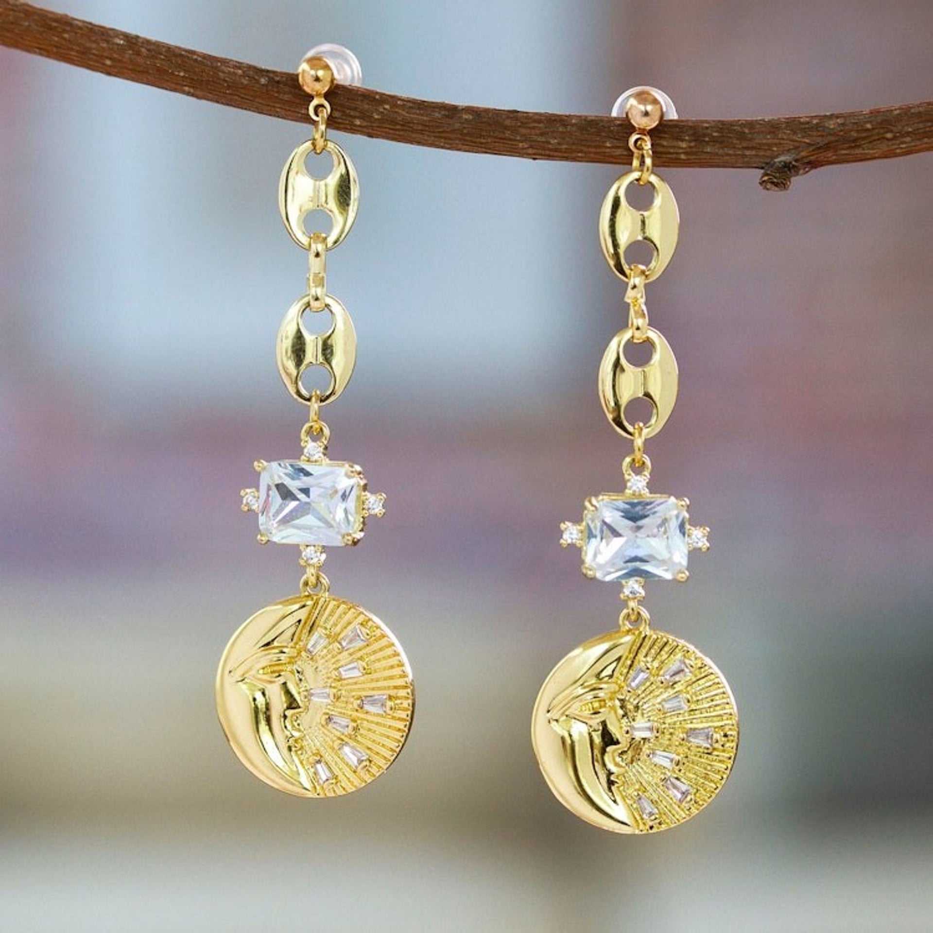 Moon and Star-Themed 24k Gold-Plated Dangle Earrings 'Crescent Cosmos'