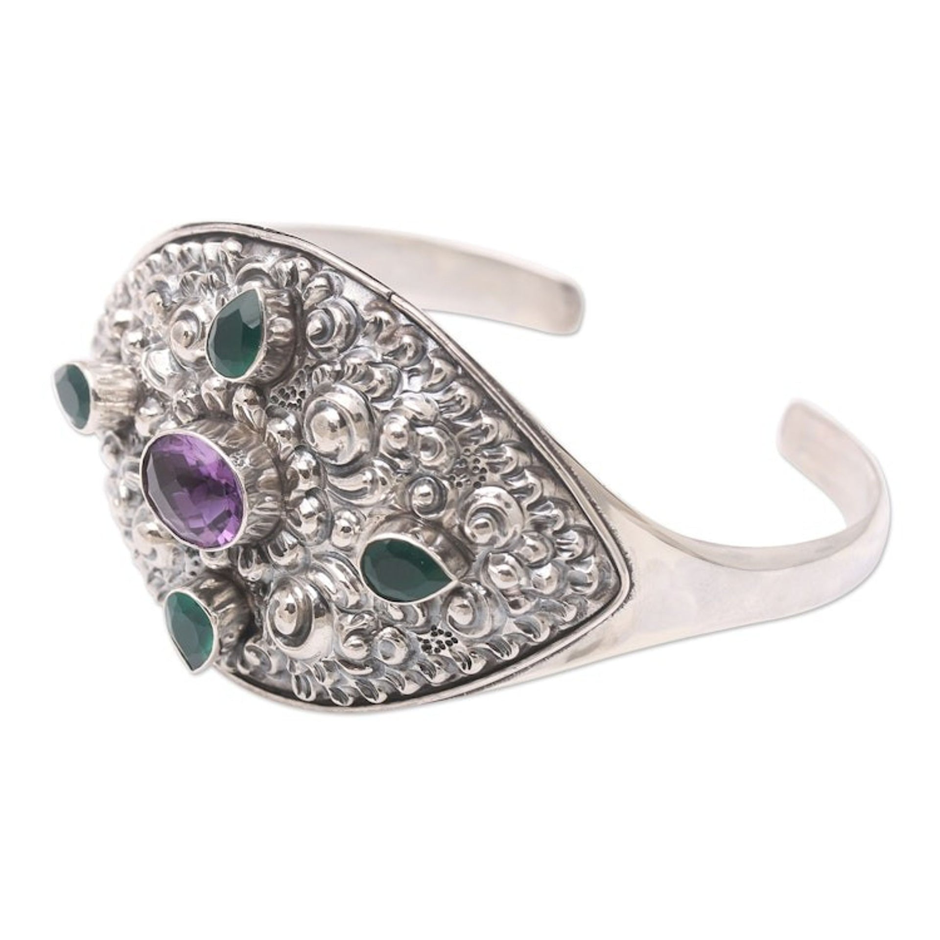 Green Quartz and Amethyst Cuff Bracelet from Bali 'Elephant Cave in Forest'