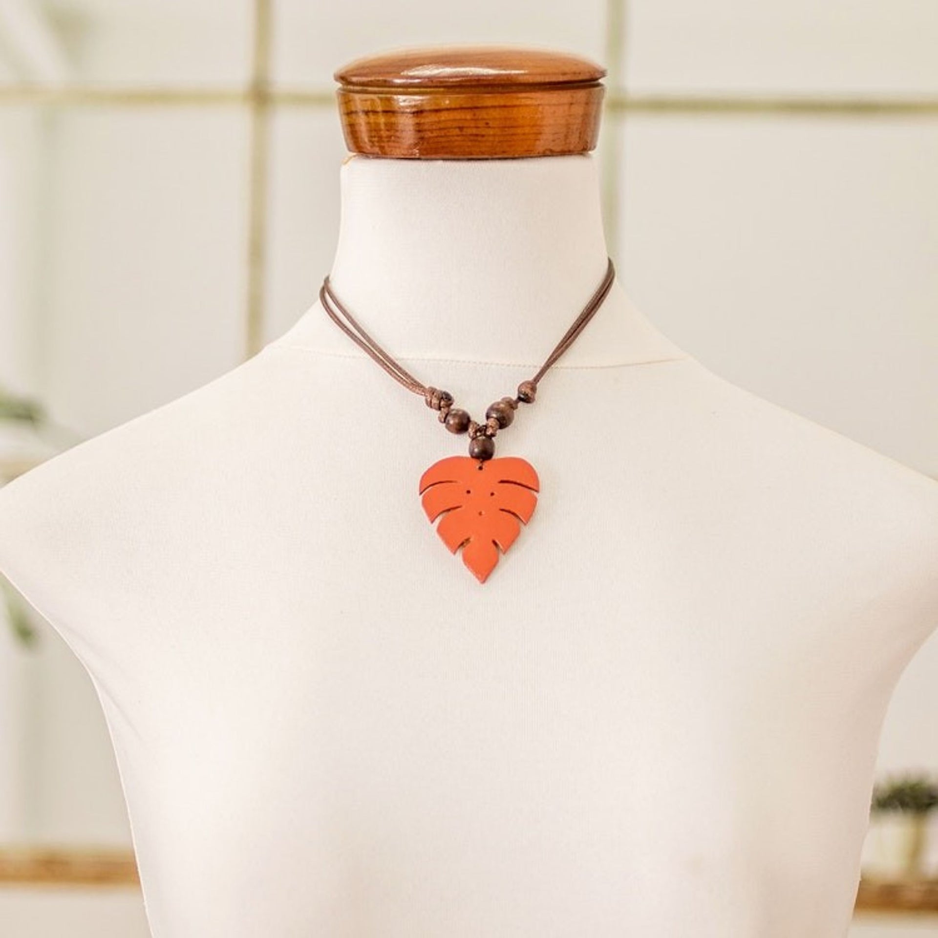 Terracotta Calabash Gourd Pendant Necklace with Wood Beads 'Jungle Terracotta'