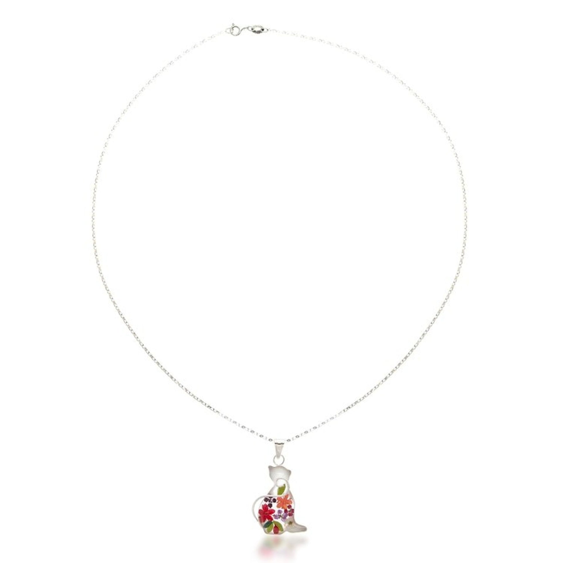 Cat-Themed Natural Flower Sterling Silver Pendant Necklace 'Feline Spring'