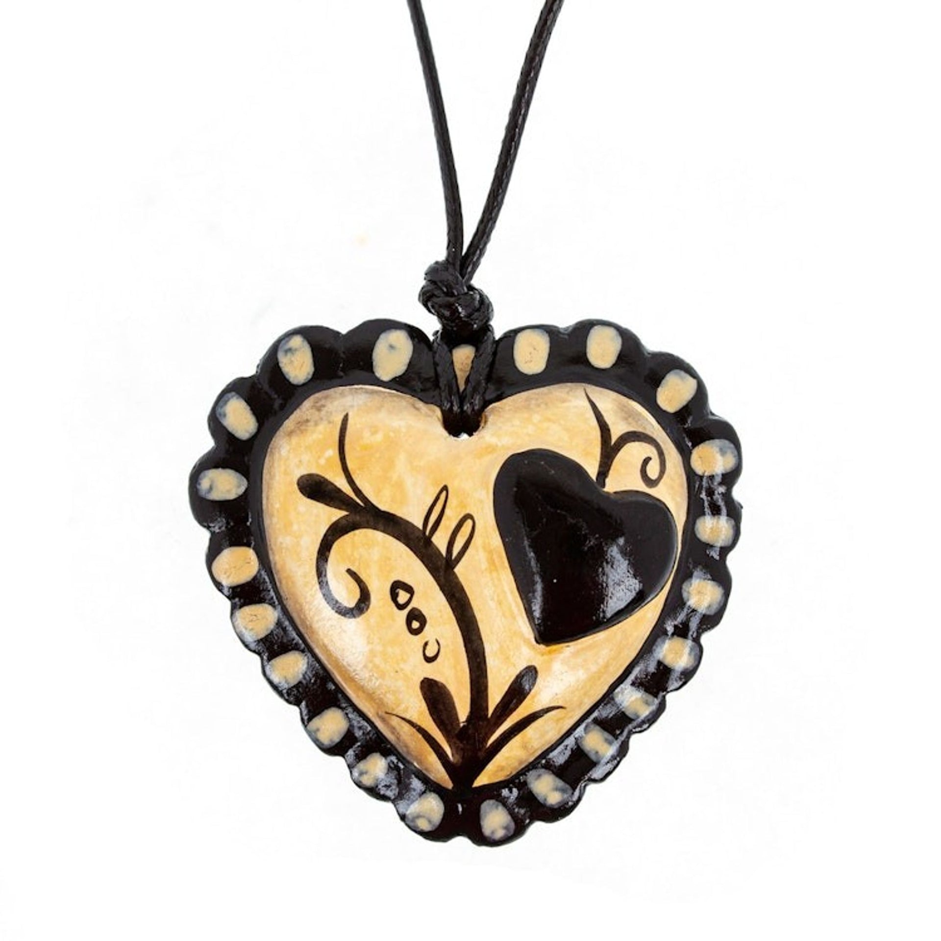 Hand Painted Black Beige Papier Mache Heart Necklace 'Two Loving Hearts'