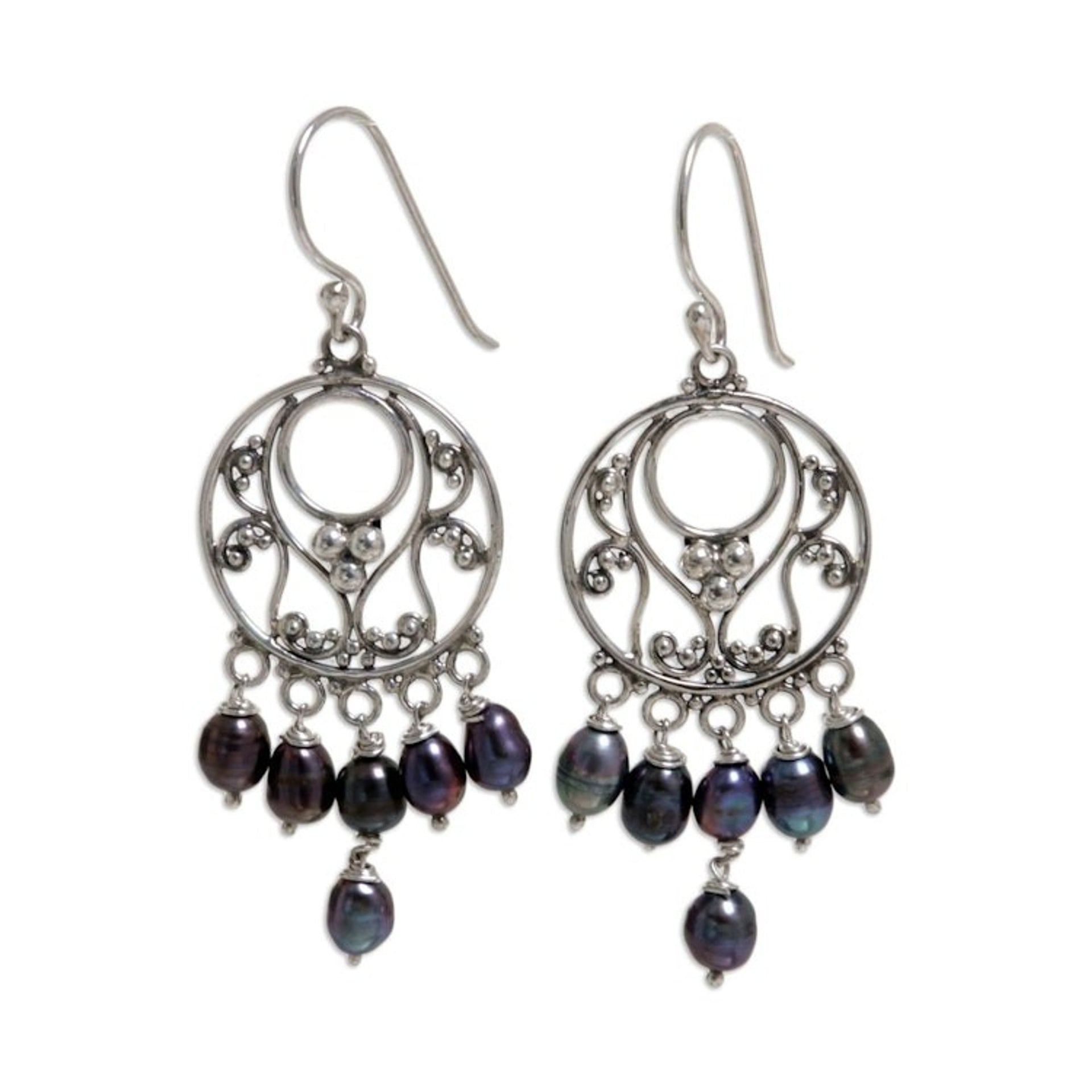 Pearl Sterling Silver Chandelier Earrings 'Dark Moonbeams'