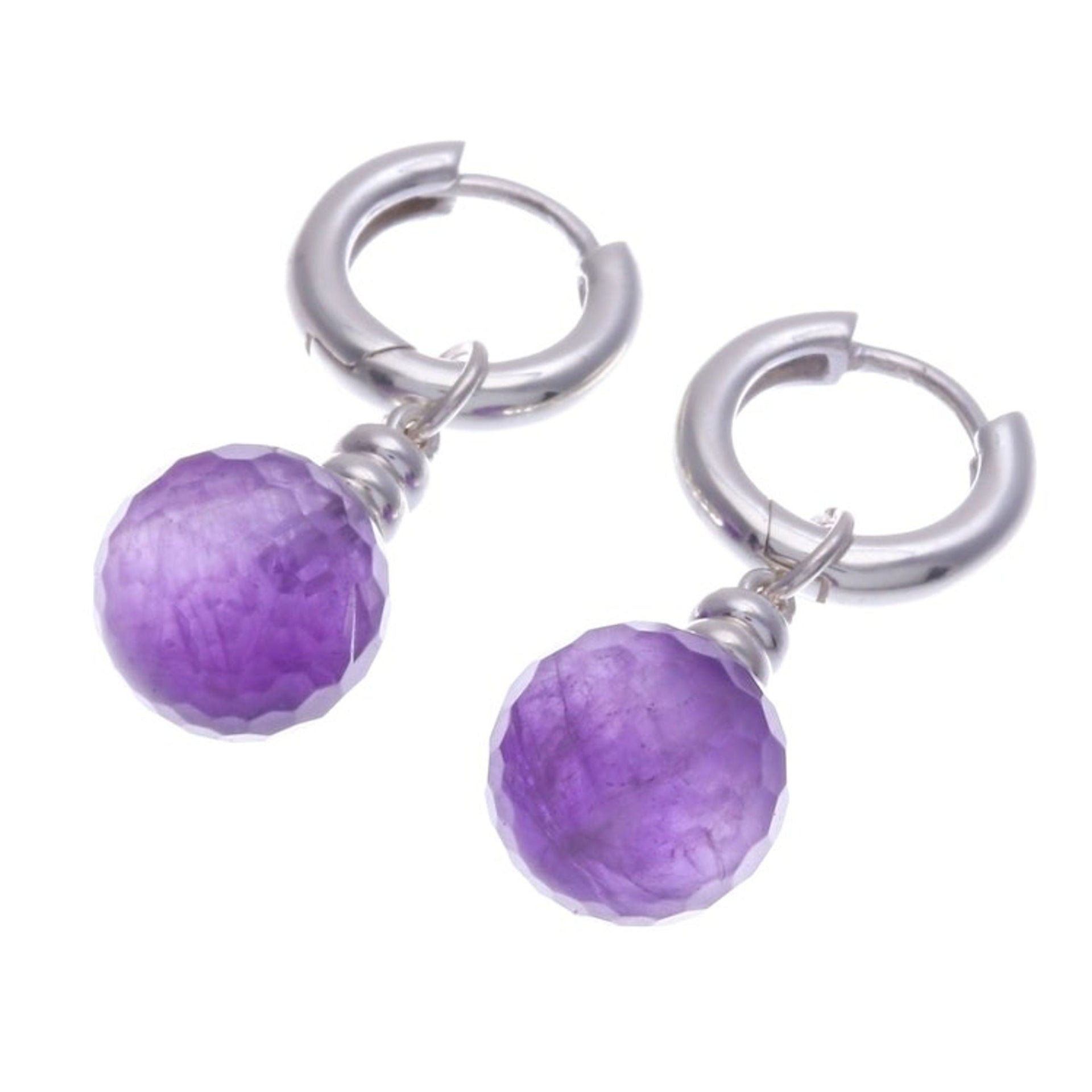 Sterling Silver Hoop Earrings with Dangling Amethyst Stones 'Shining Splendor'