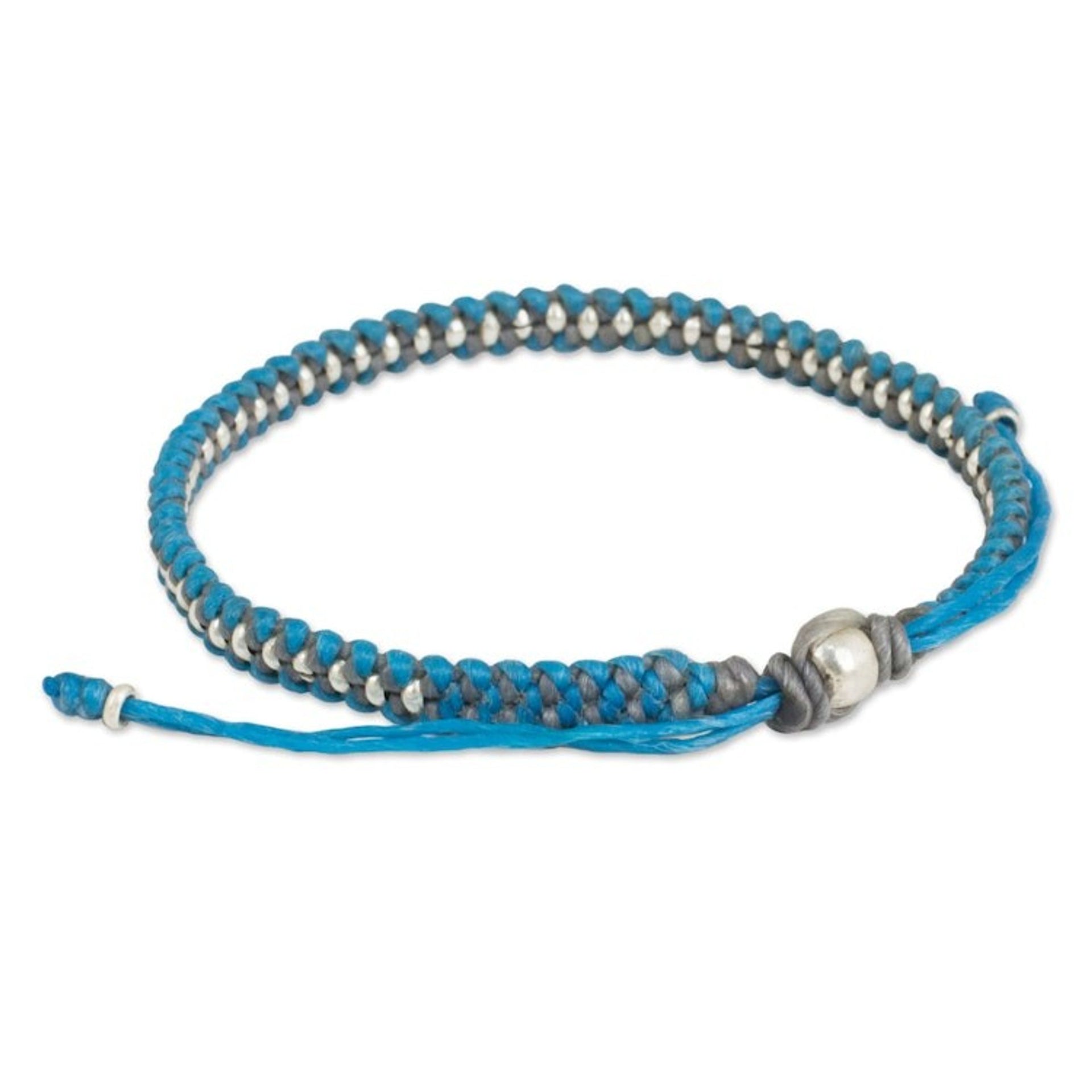 Hand Knotted Macrame Bracelet with Hill Tribe Silver Beads 'Blue Grey Progression'