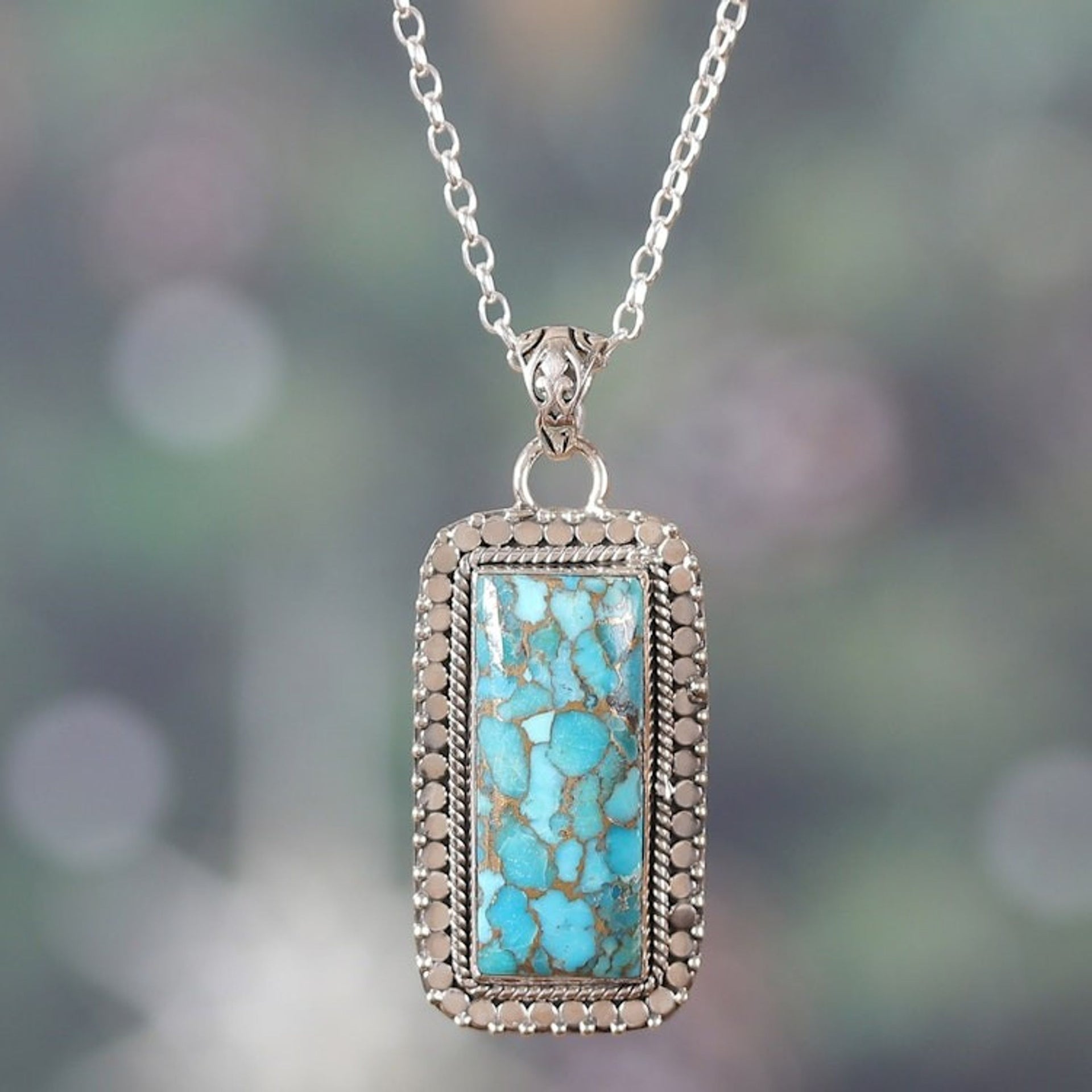 Sterling Silver and Composite Turquoise Pendant Necklace 'Peaceful Chant'