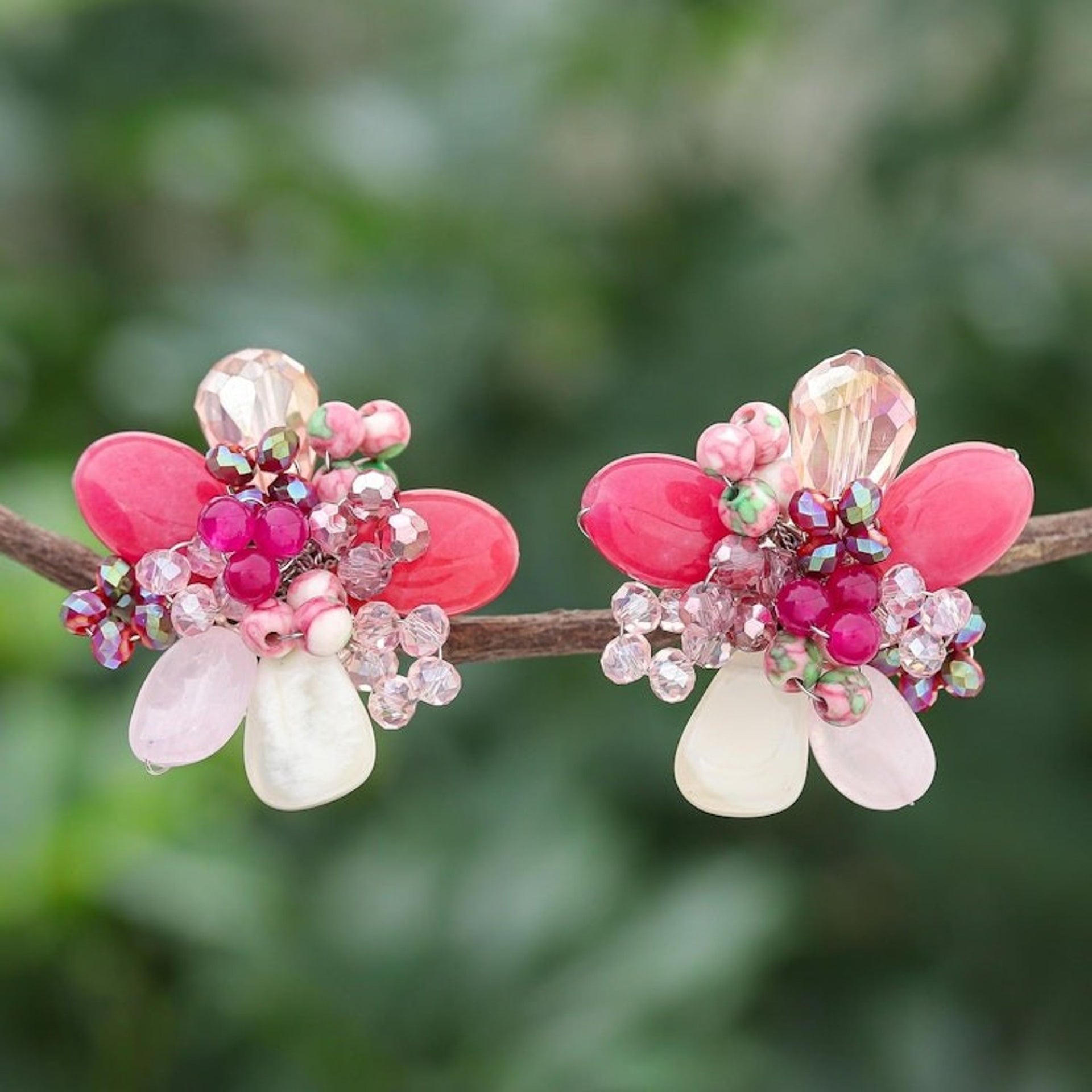 Agate and Rose Quartz Cluster Clip-On Earrings 'Solaris in Pink'