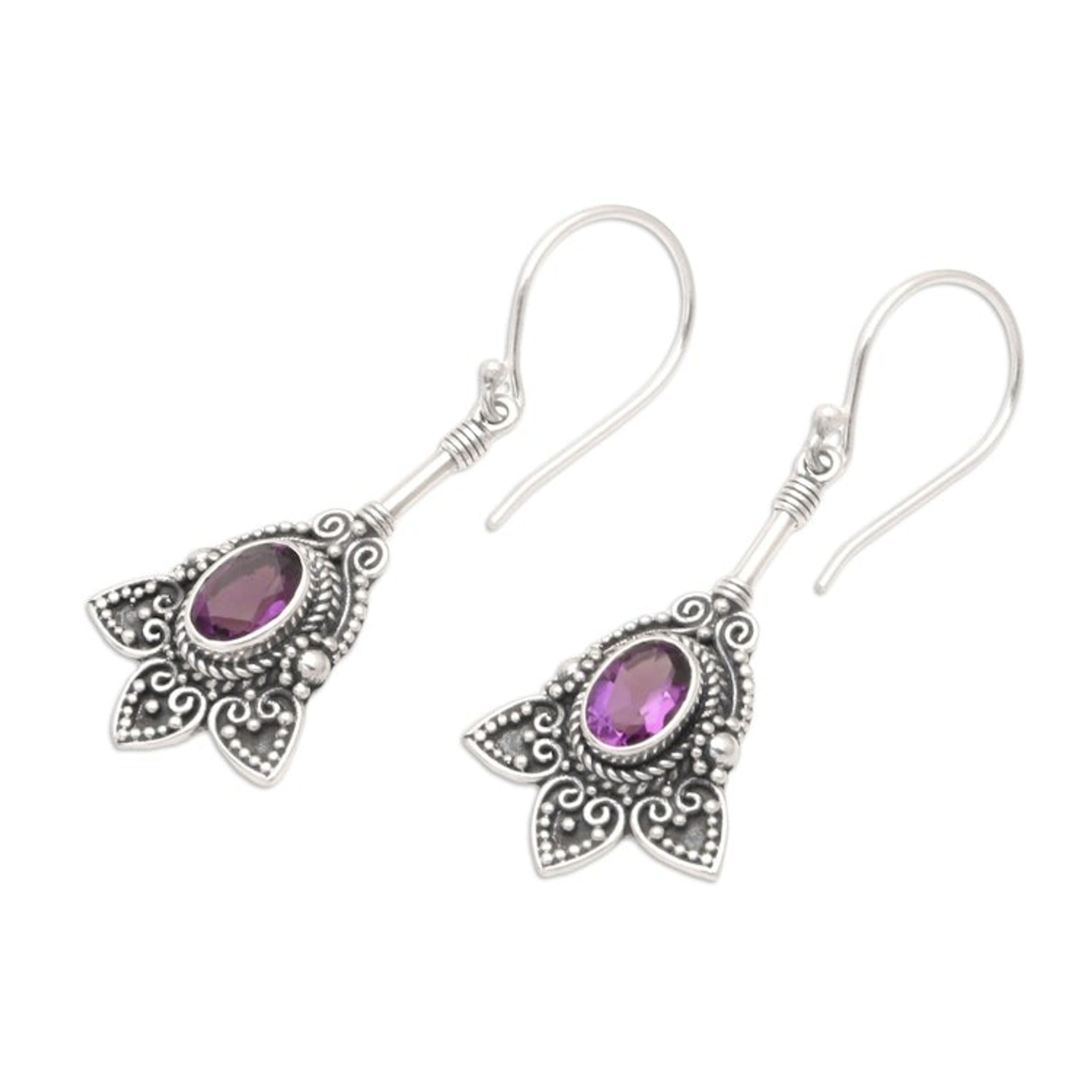 Balinese Sterling Silver and Amethyst Dangle Earrings 'Visionary Soul'