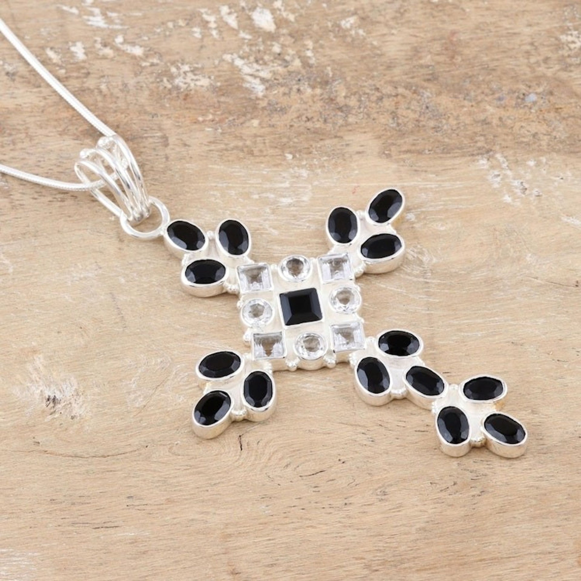 Sterling Silver Onyx and Quartz Necklace Cross Jewelry 'Honesty'