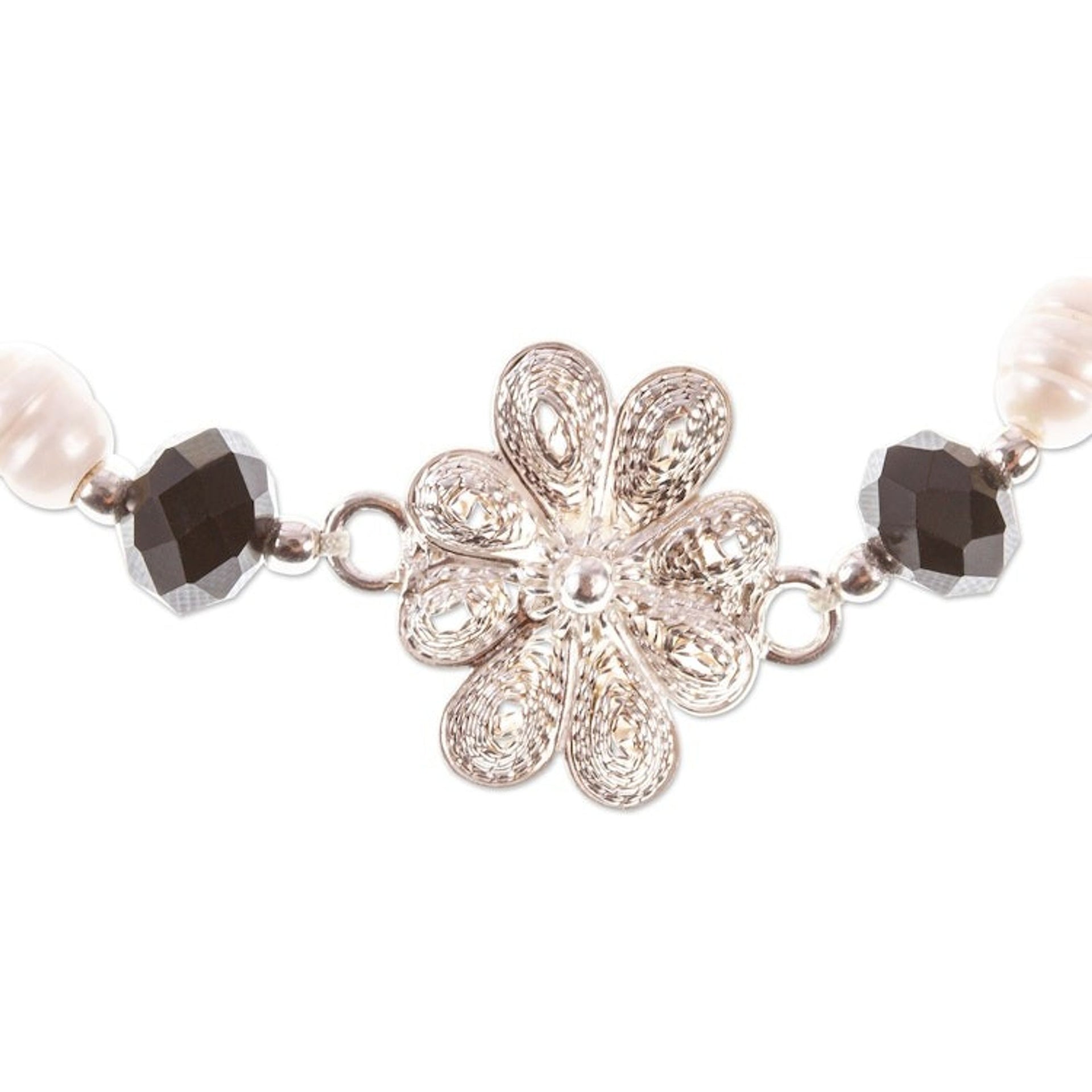 Cultured Pearl and Sterling Silver Filigree Flower Bracelet 'River Flower'