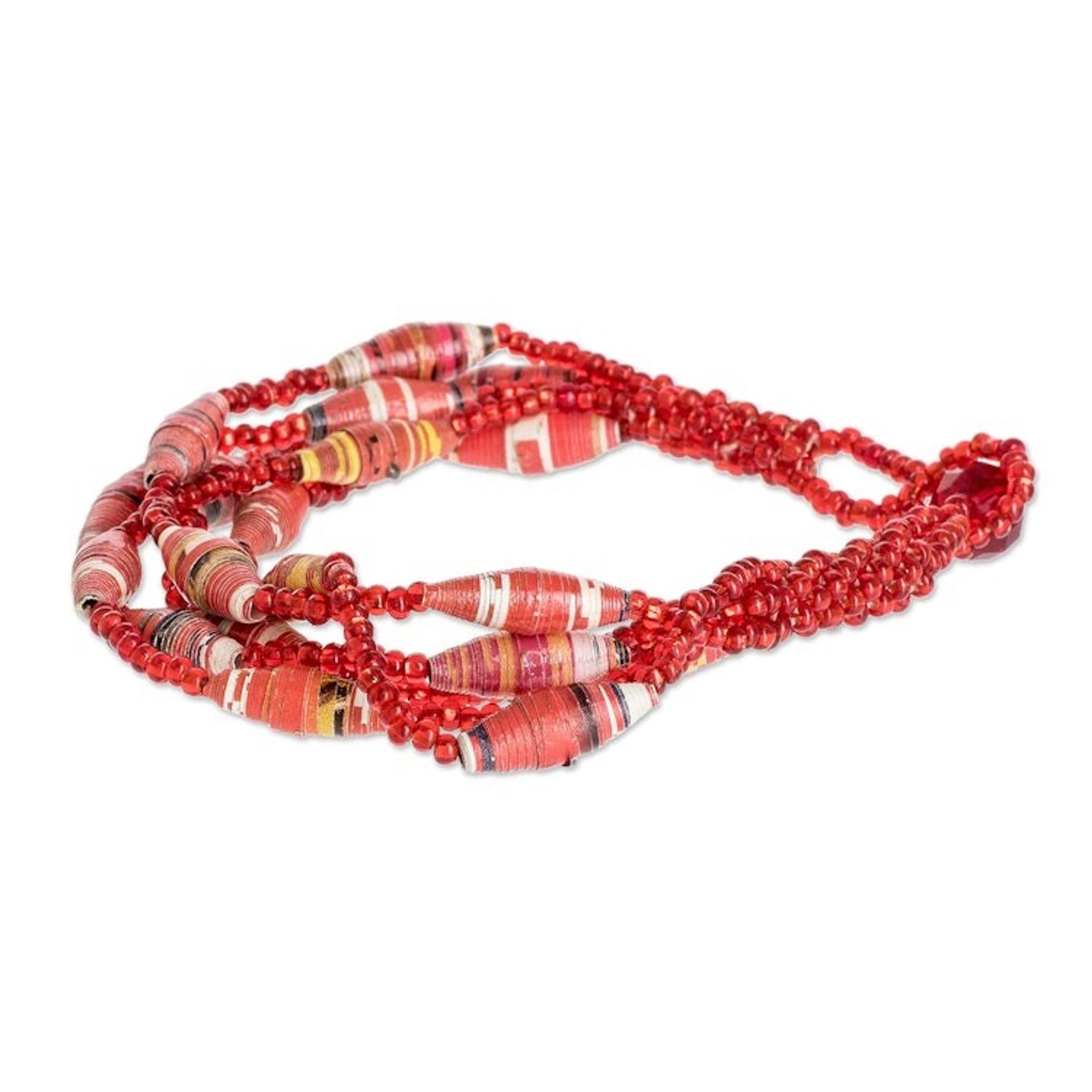 Red Beaded Recycled Paper Bracelet 'Bonds of Friendship in Red'