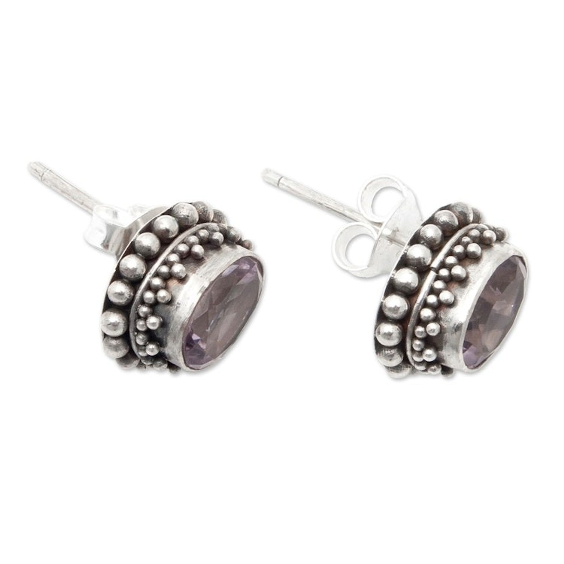 Sterling Silver Stud Earrings with Oval Amethyst Gems 'Purple Maiden'