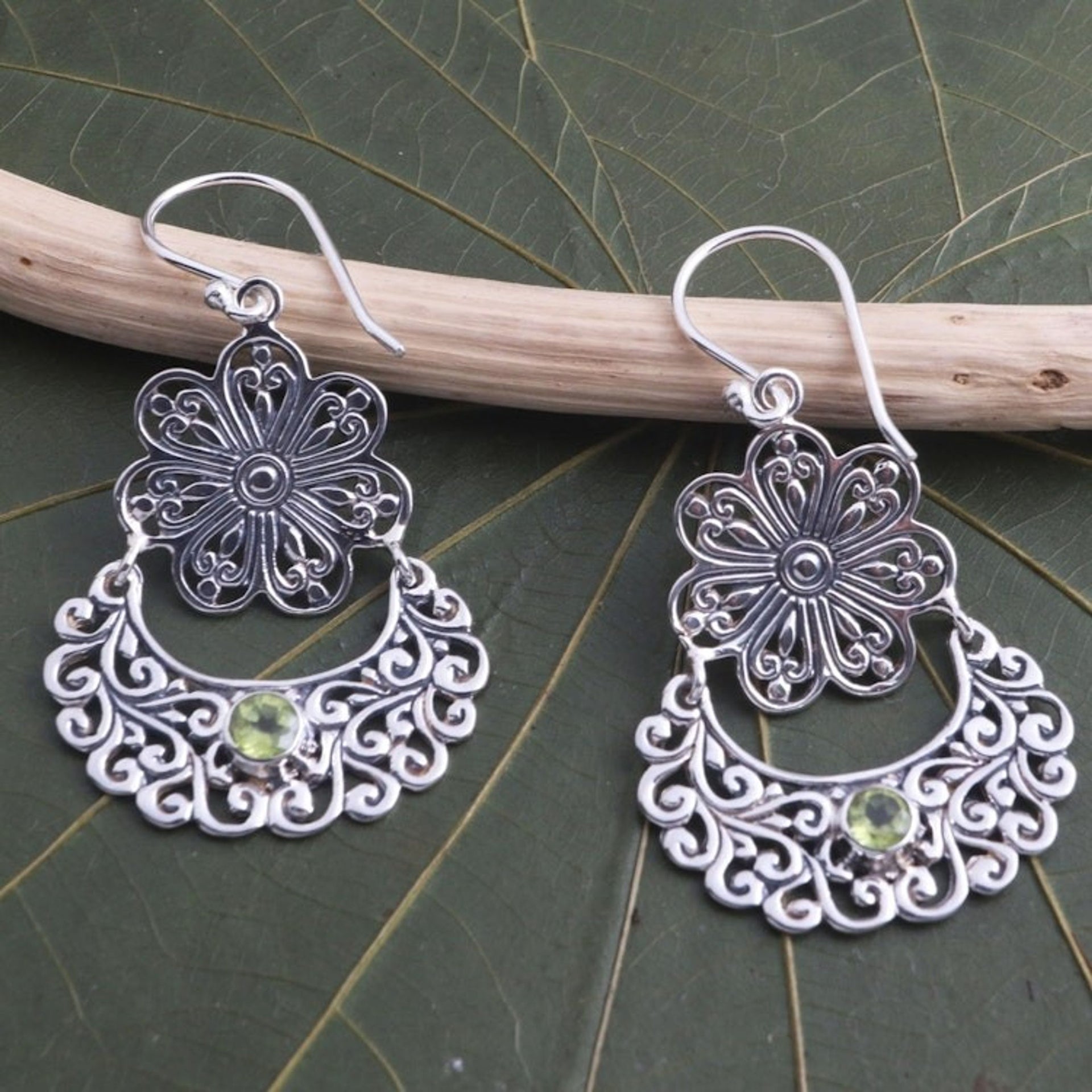 Peridot Sterling Silver Flower Dangle Earrings 'August Shower'