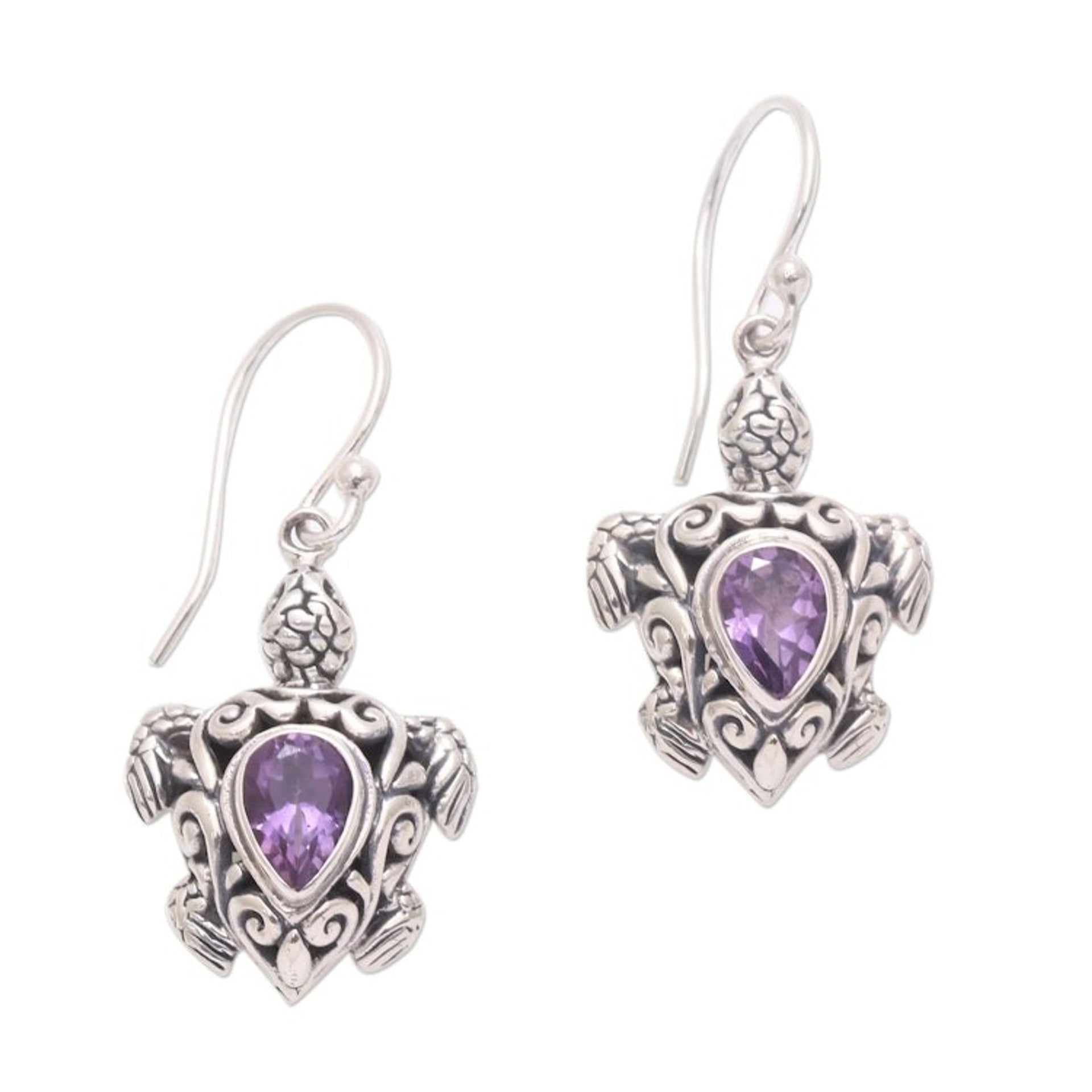 Sterling Silver Amethyst Openwork Sea Turtle Dangle Earrings 'Penyu Paradise'