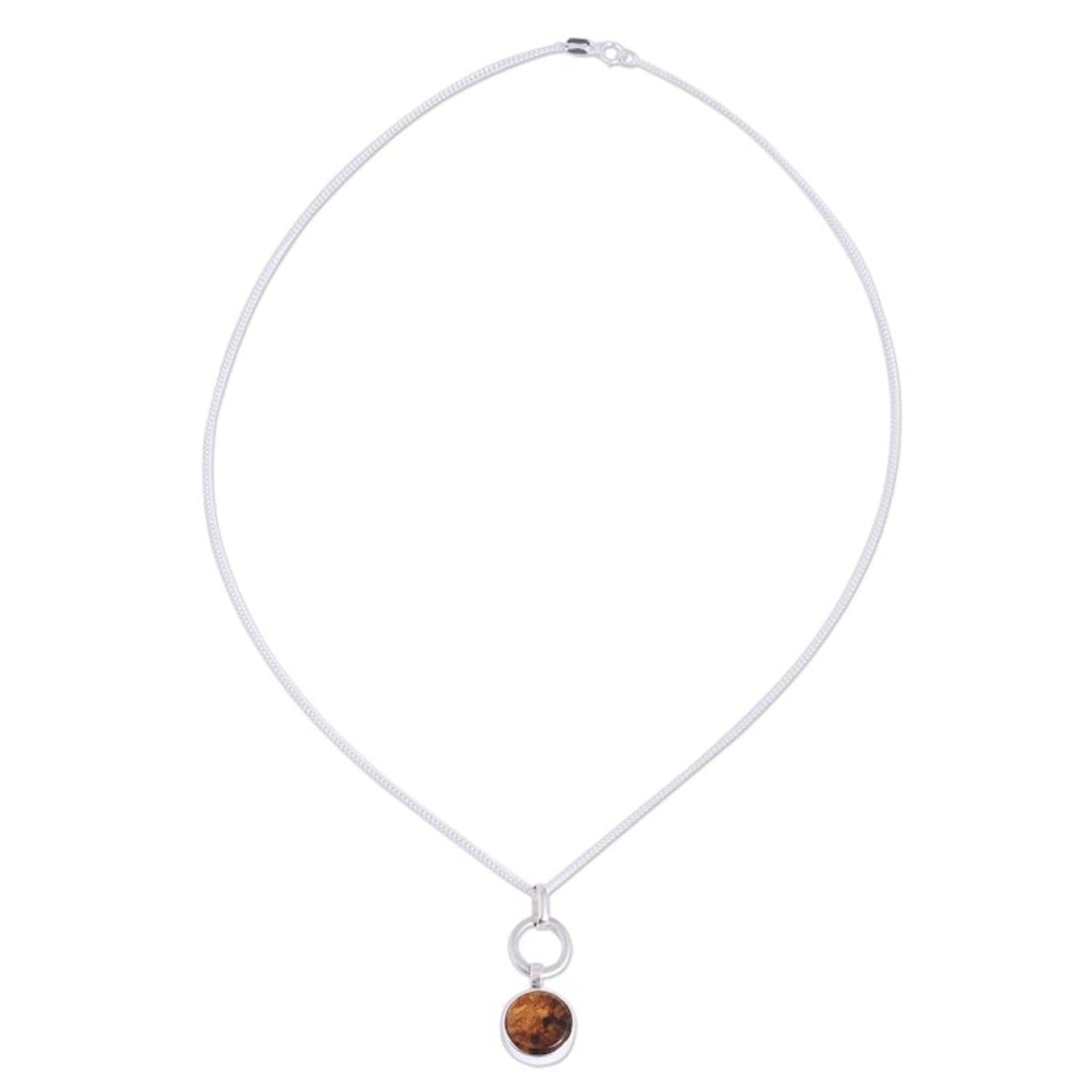 Round Amber Pendant Necklace from Mexico 'Contemporary Flair'