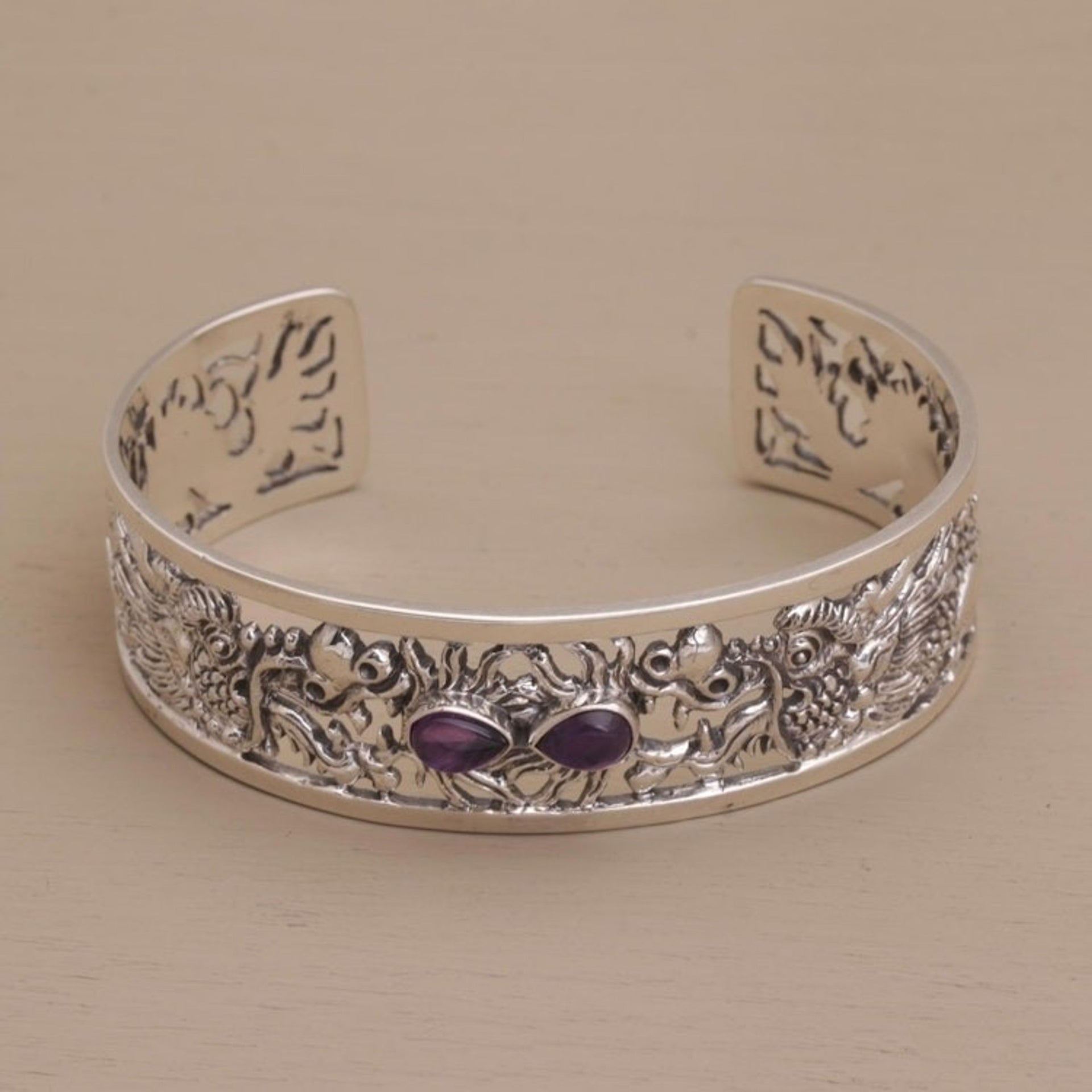 Dragon Themed Sterling Silver and Amethyst Cuff Bracelet 'Dragon Duel'