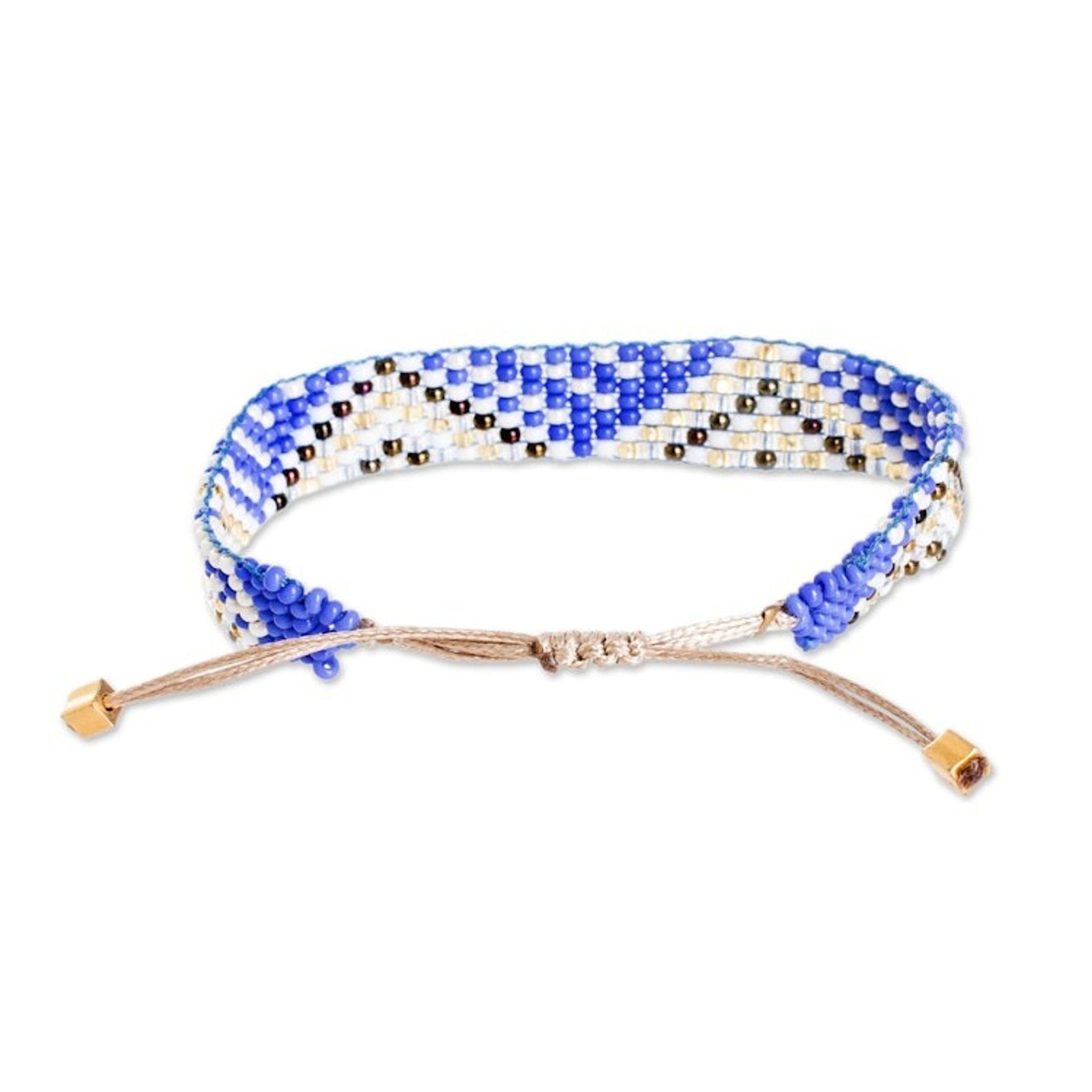 Geometric Blue and Golden Glass Beaded Wristband Bracelet 'Bright Atitlan'
