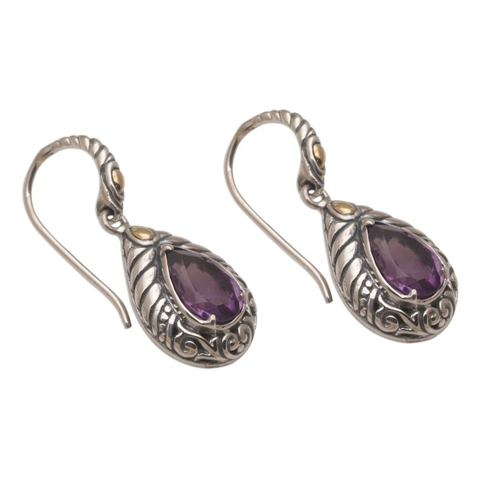 Balinese Gold Accent Amethyst Dangle Earrings 'Floral Amulet'