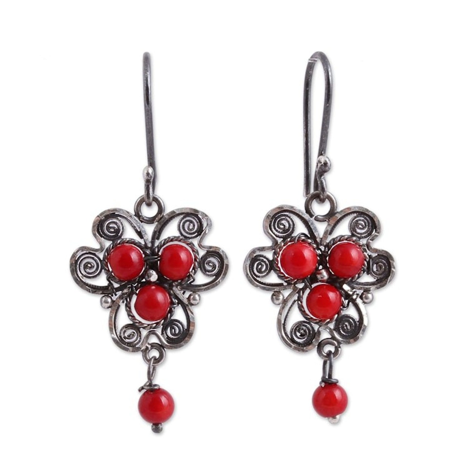 Sterling Silver Filigree Dangle Earrings with Red Glass Bead 'Red Succulence'